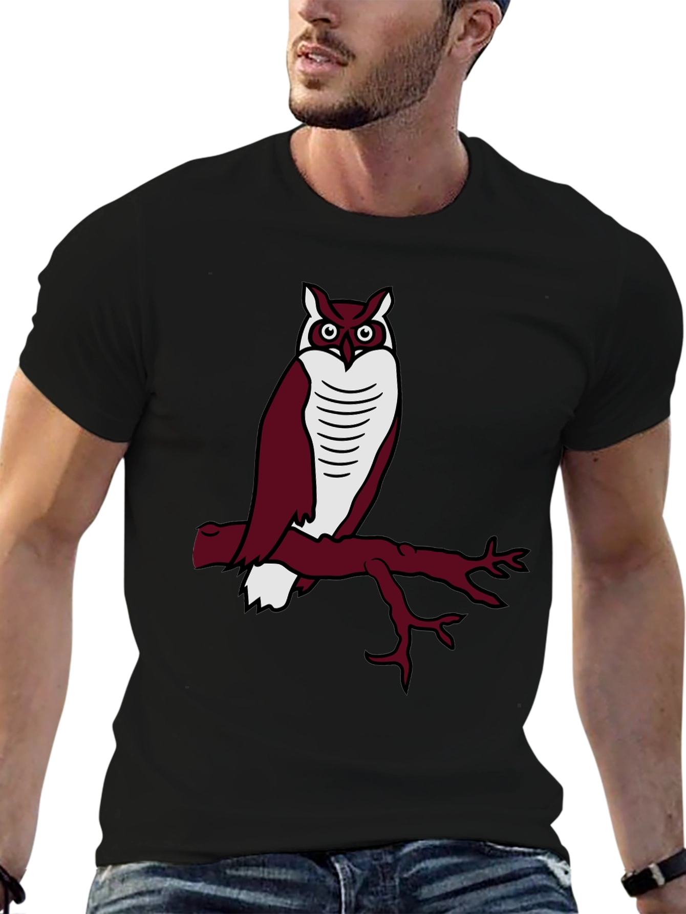 Owl on Branch Graphic Tee - Casual Black T-Shirt
