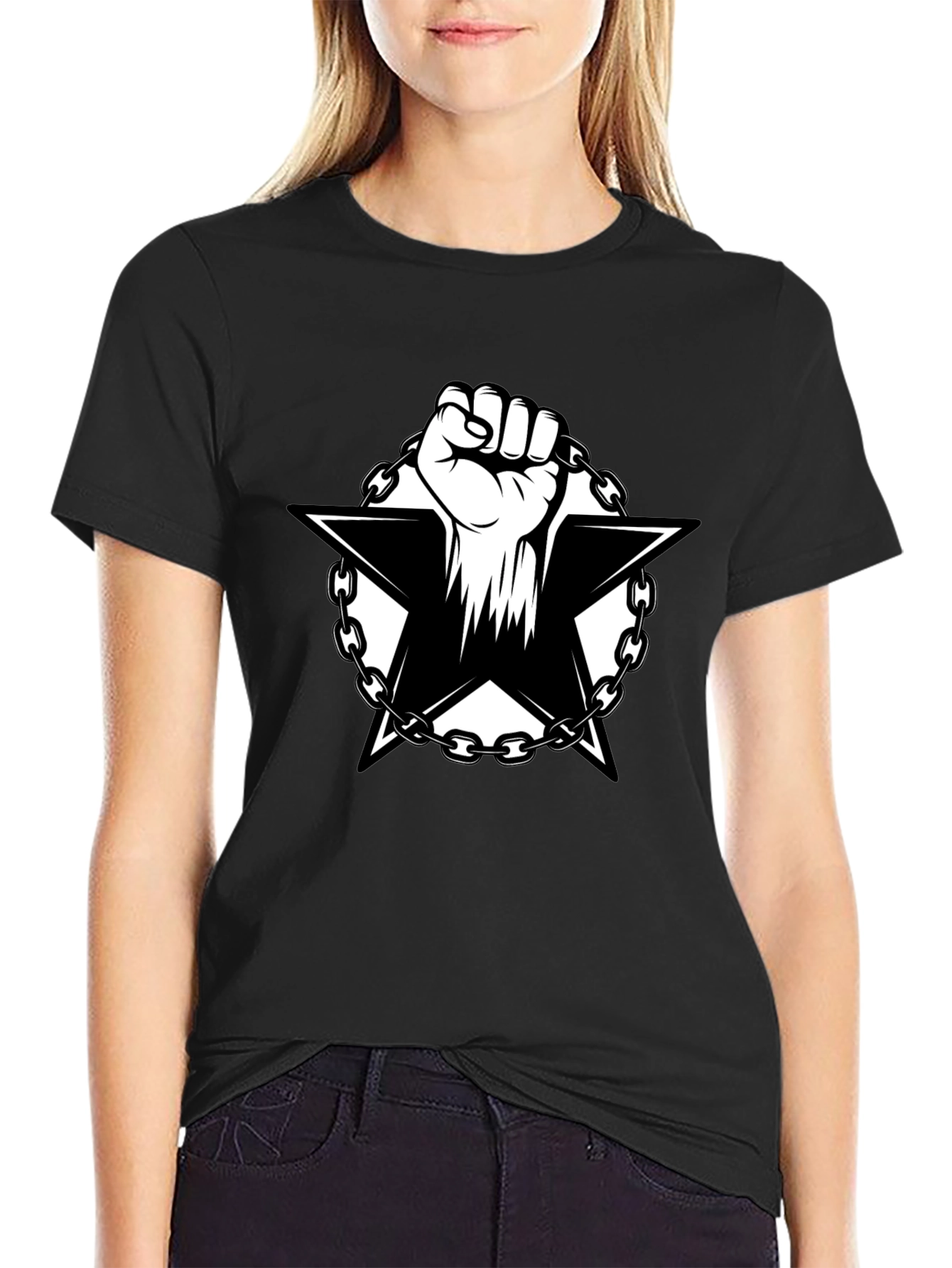 Black T-Shirt with Fist and Star Graphic
