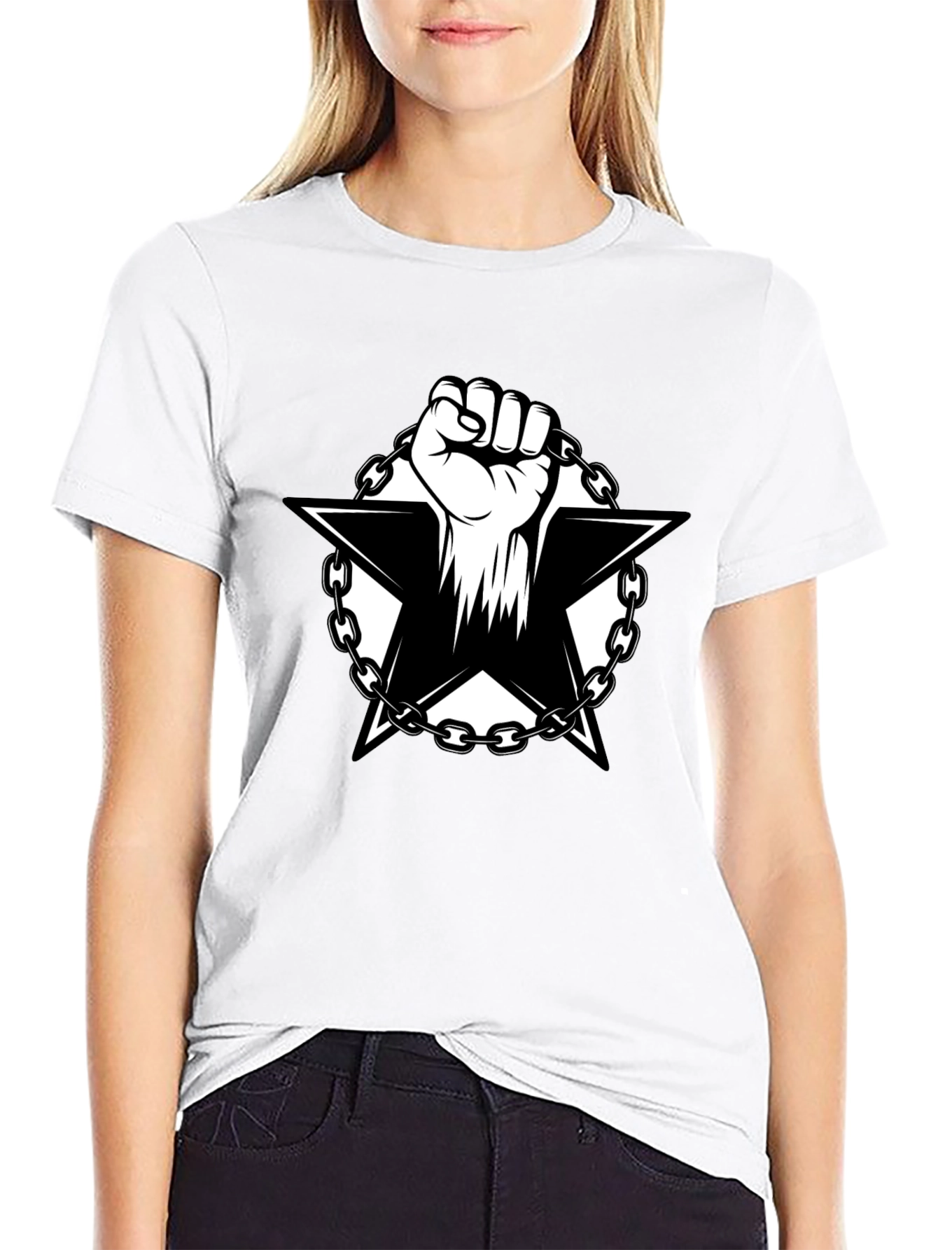 Black T-Shirt with Fist and Star Graphic