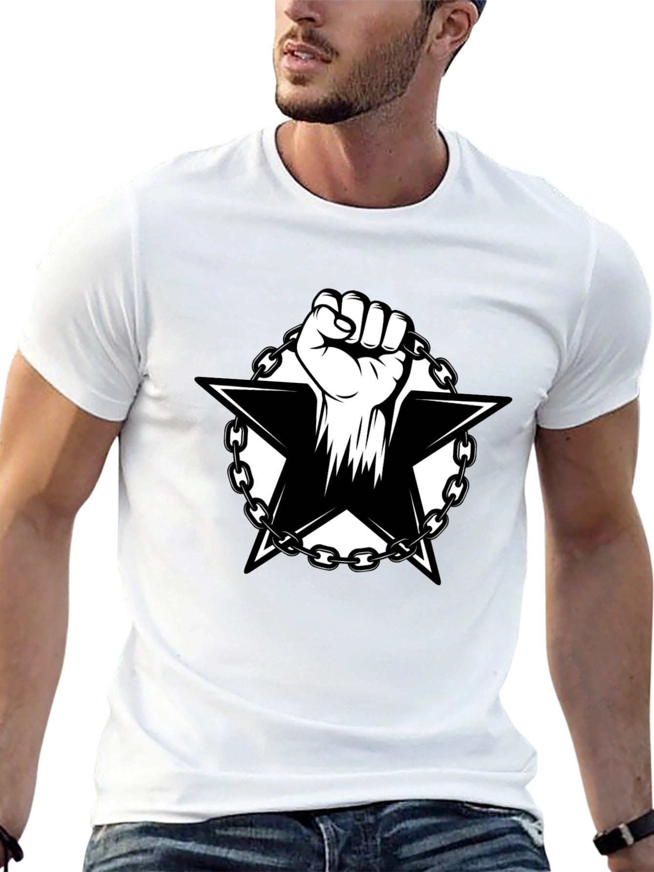Black T-Shirt with Fist and Star Graphic