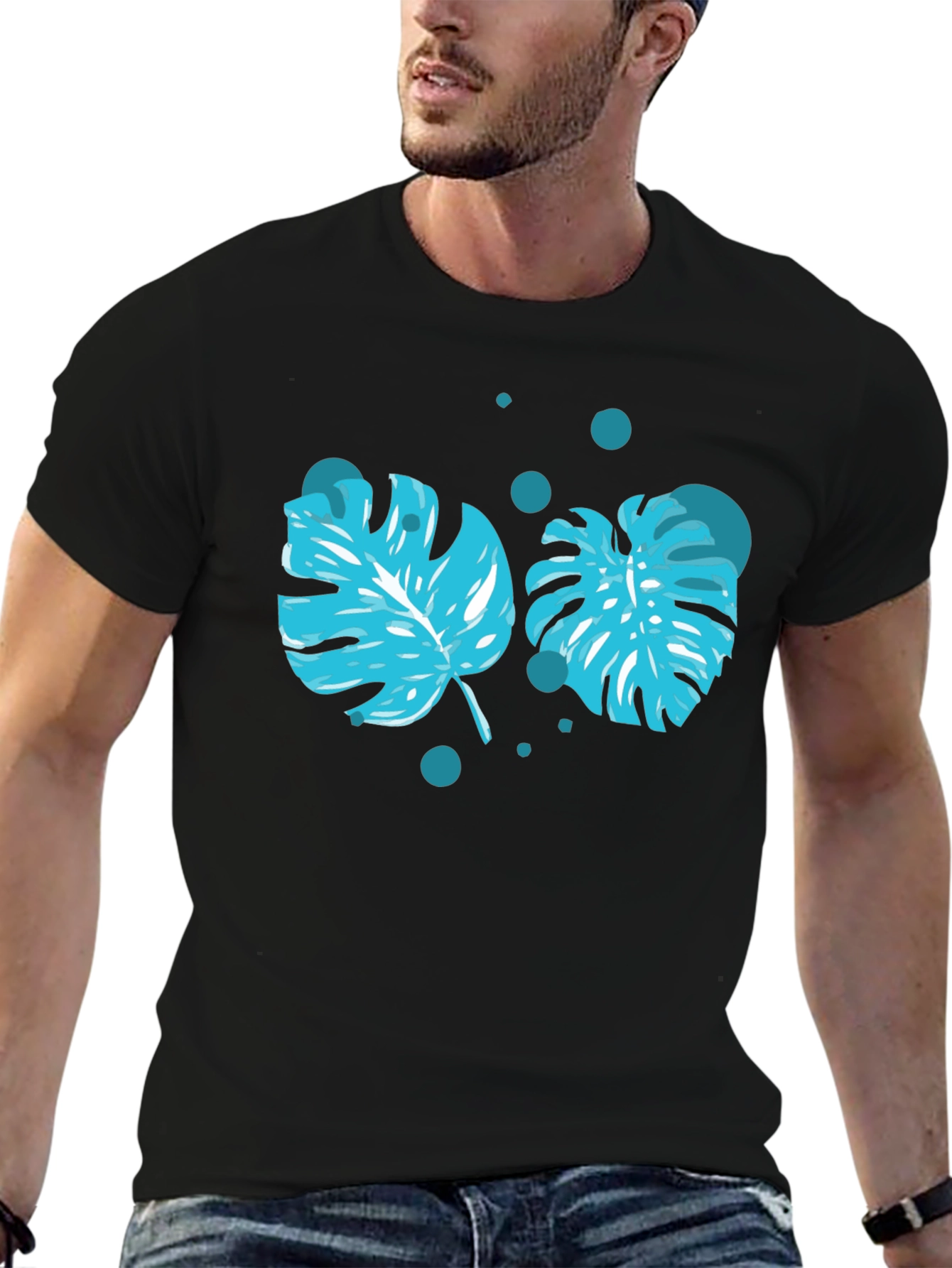 Tropical Leaf Print Black T-Shirt