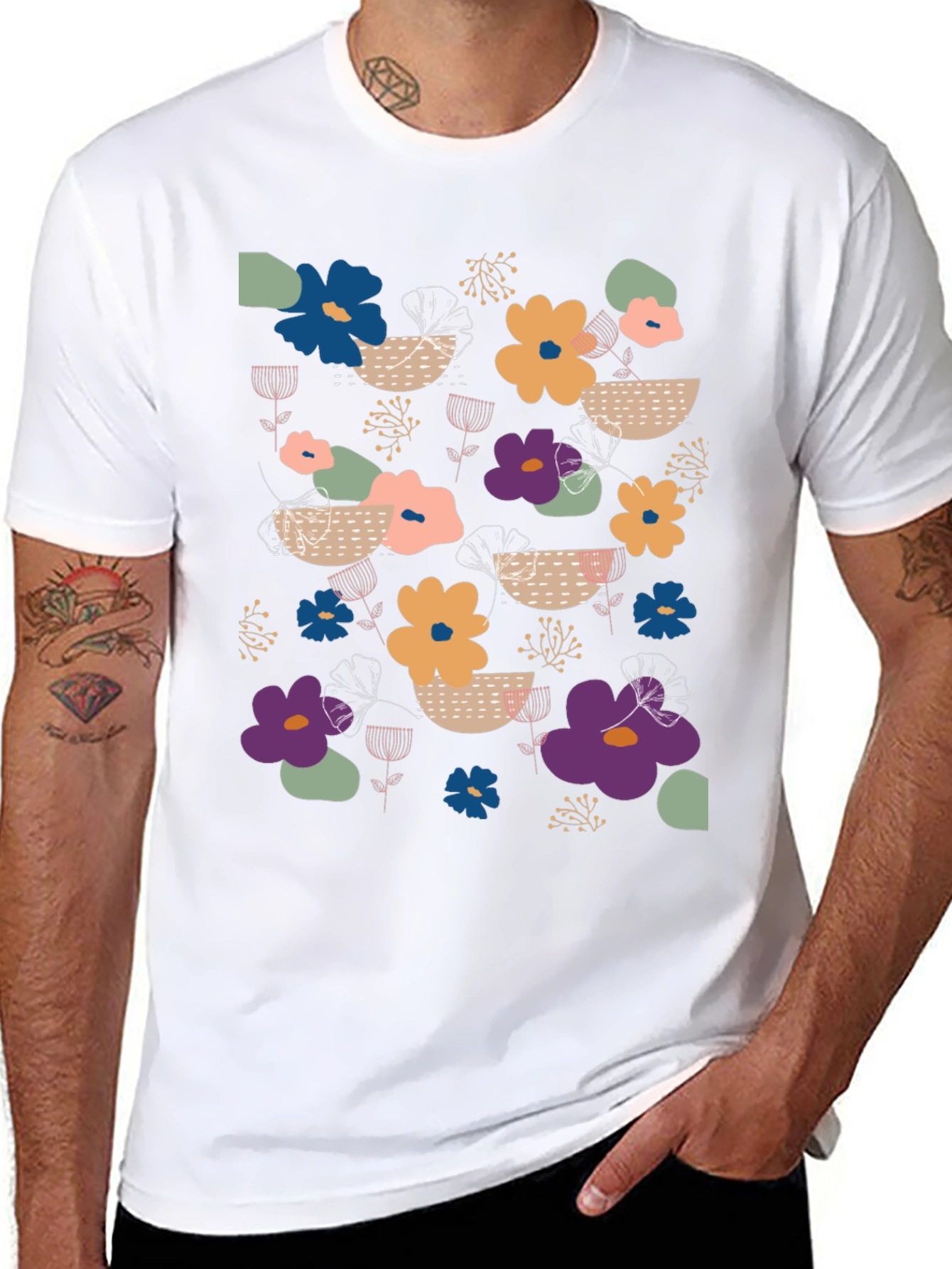 Floral Print Mens Black T-Shirt