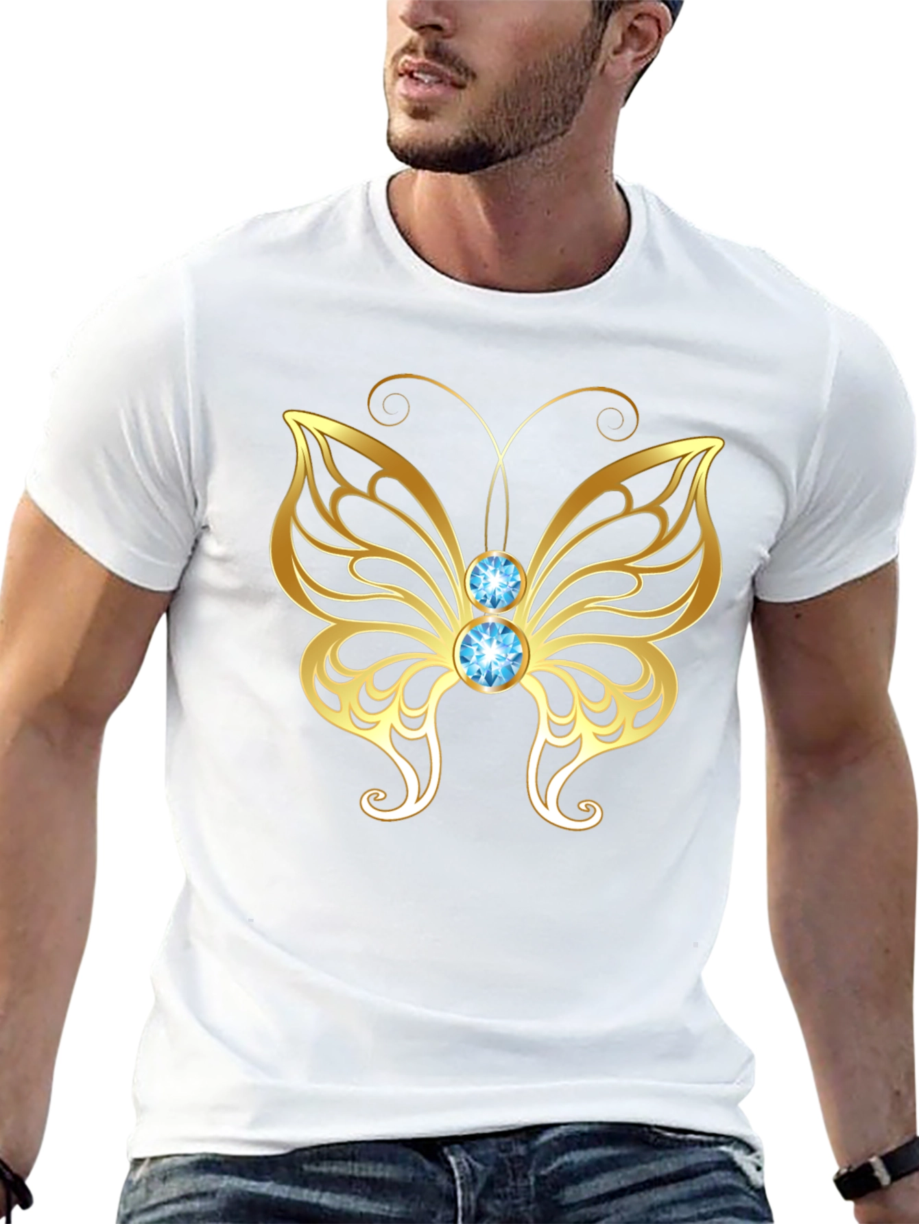 Gold Butterfly Graphic Tee - Stylish Mens Black T-Shirt