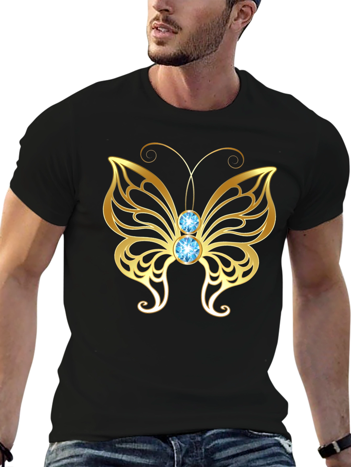 Gold Butterfly Graphic Tee - Stylish Mens Black T-Shirt