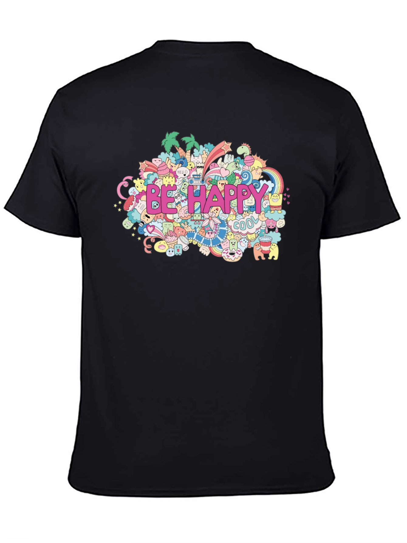 Be Happy Doodle Art Black T-Shirt