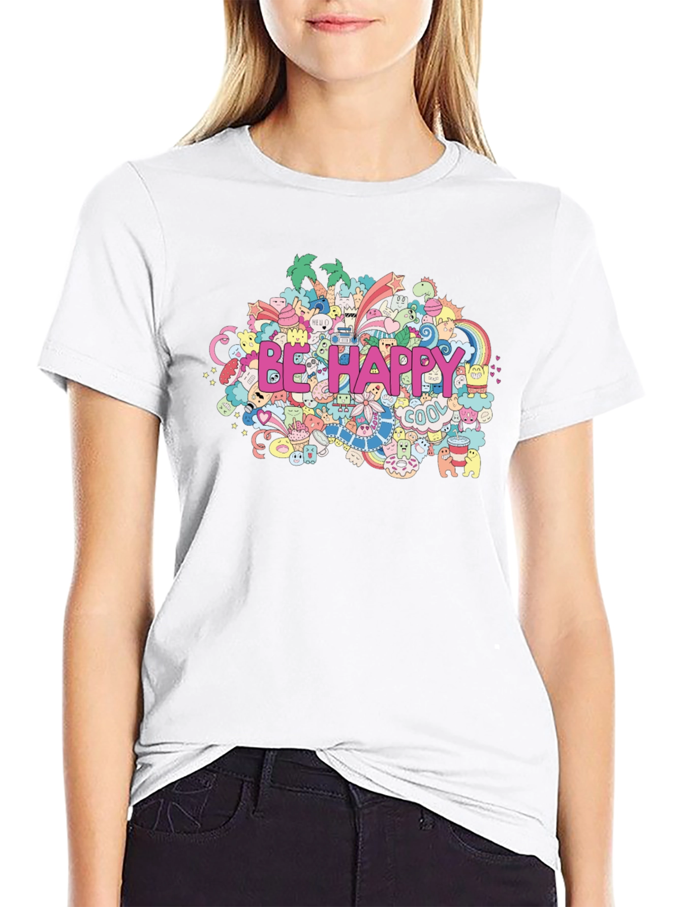 Be Happy Doodle Art Black T-Shirt