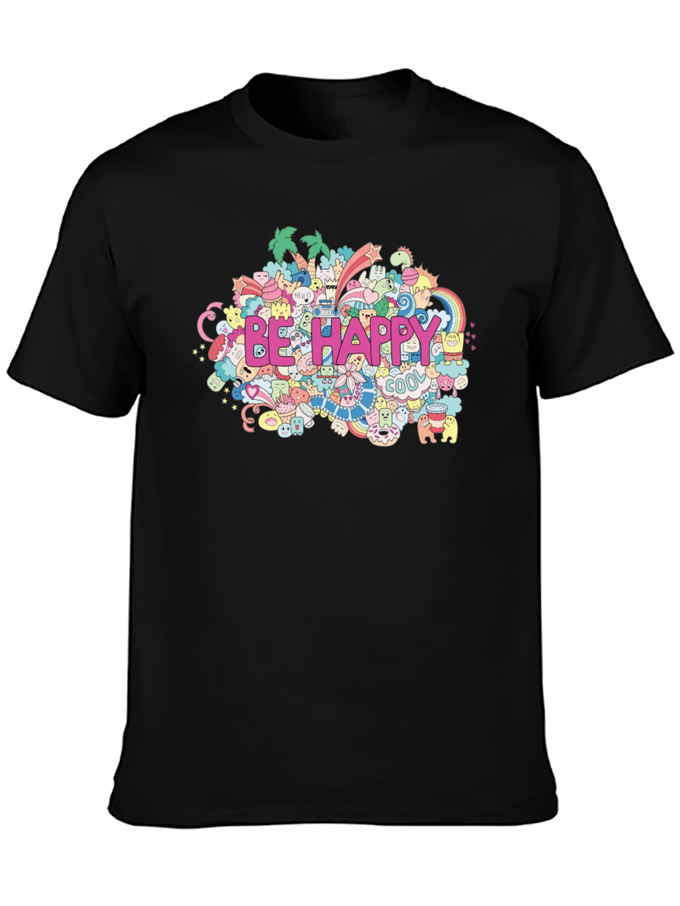 Be Happy Doodle Art Black T-Shirt