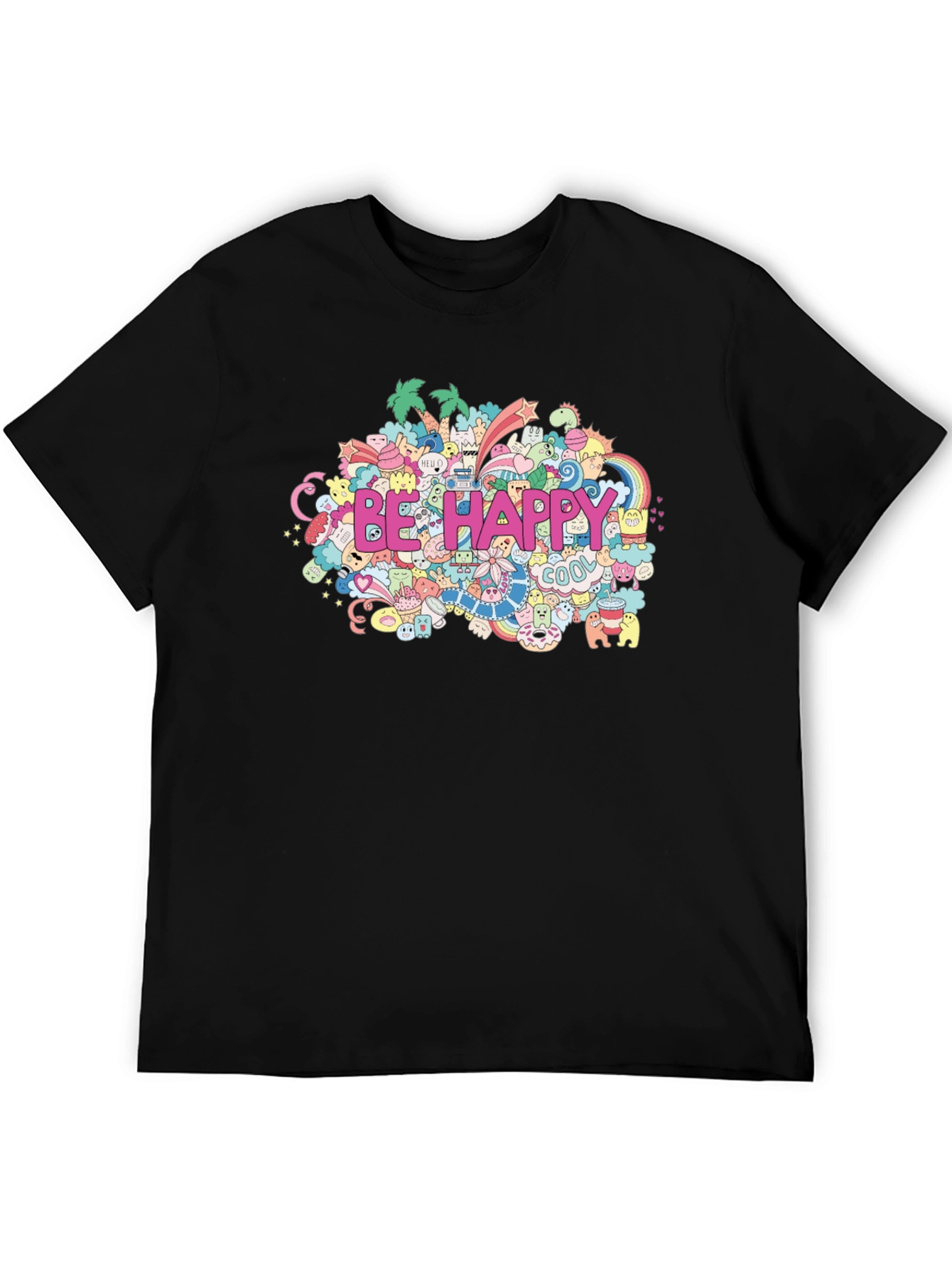 Be Happy Doodle Art Black T-Shirt