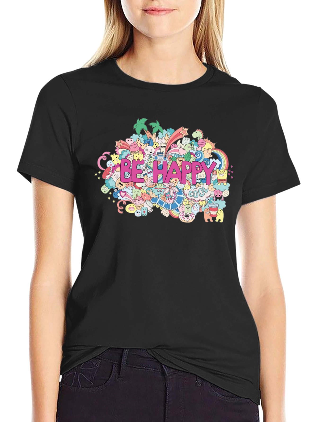 Be Happy Doodle Art Black T-Shirt