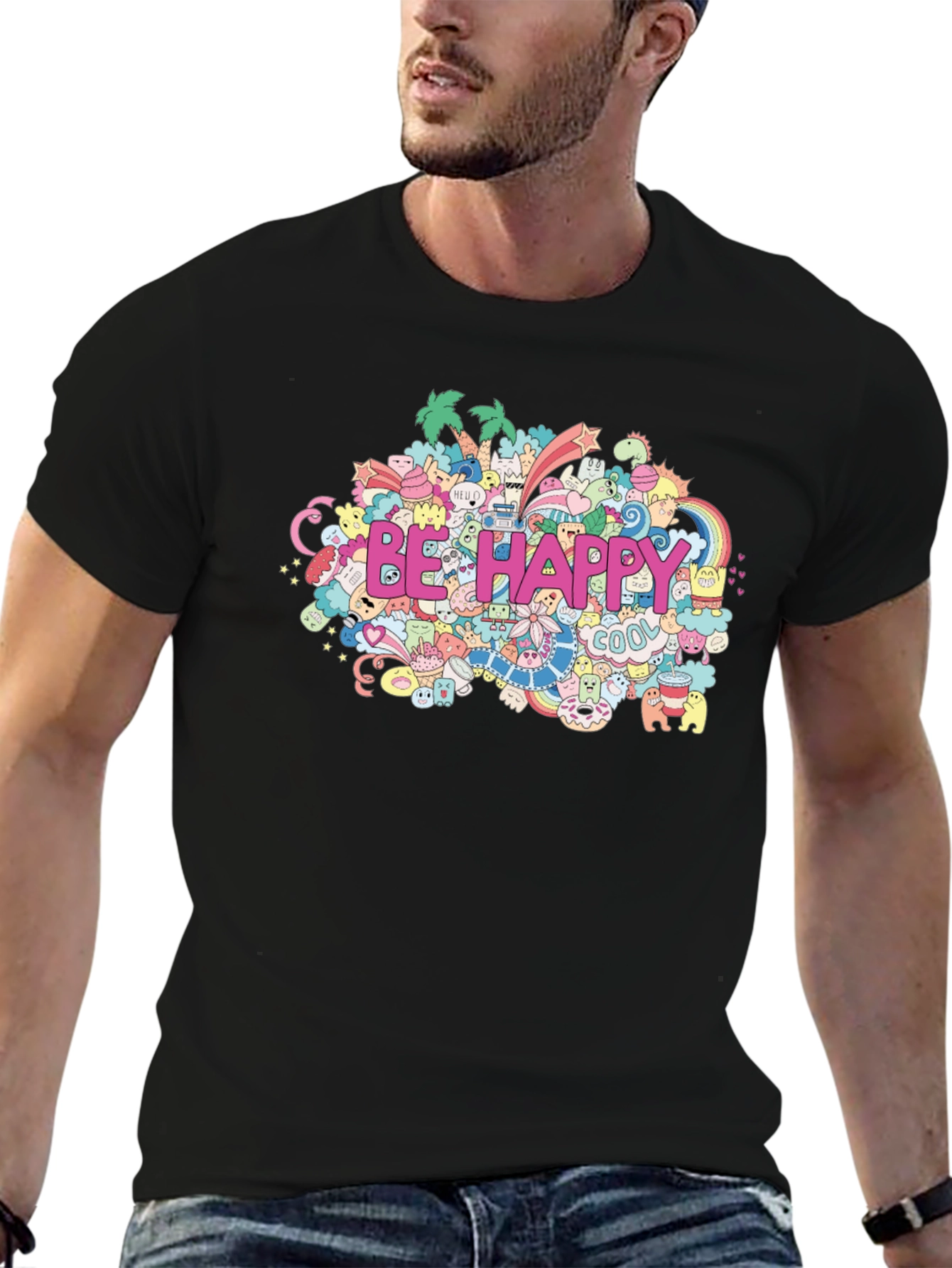 Be Happy Doodle Art Black T-Shirt