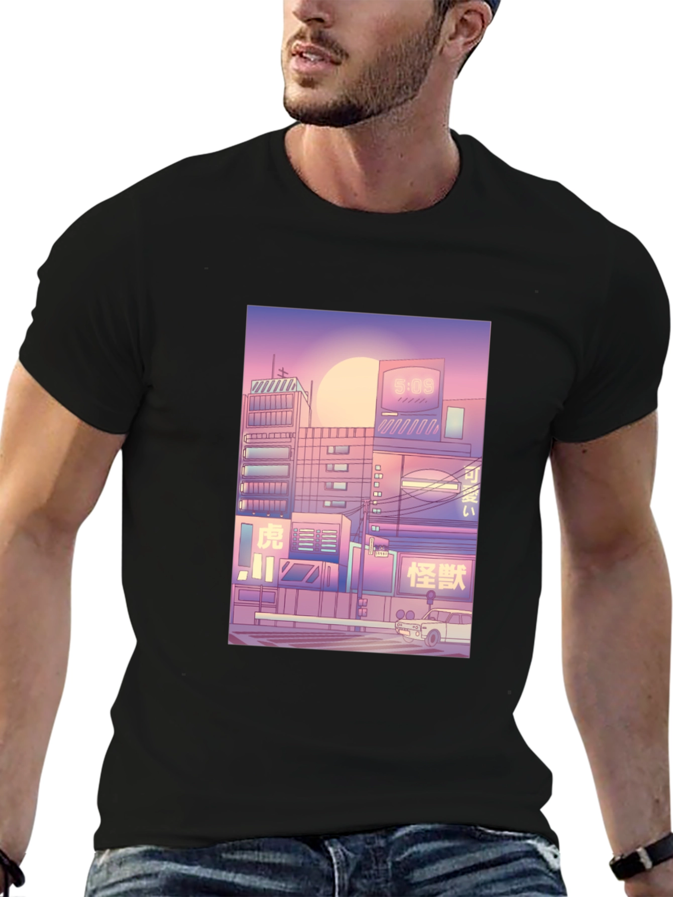 Retro Cityscape Graphic Tee - Black