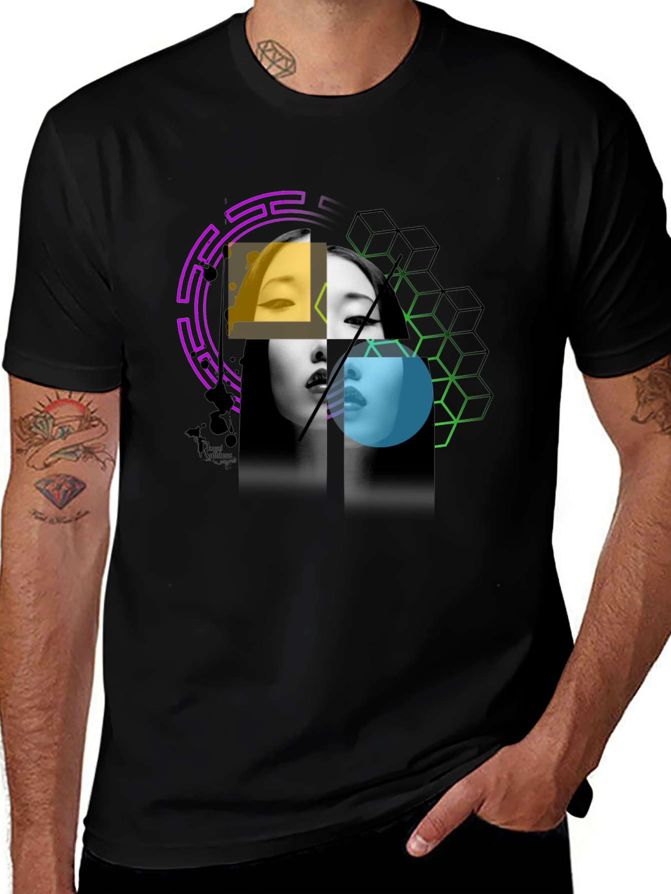 Abstract Woman Portrait Graphic Print Black Tee