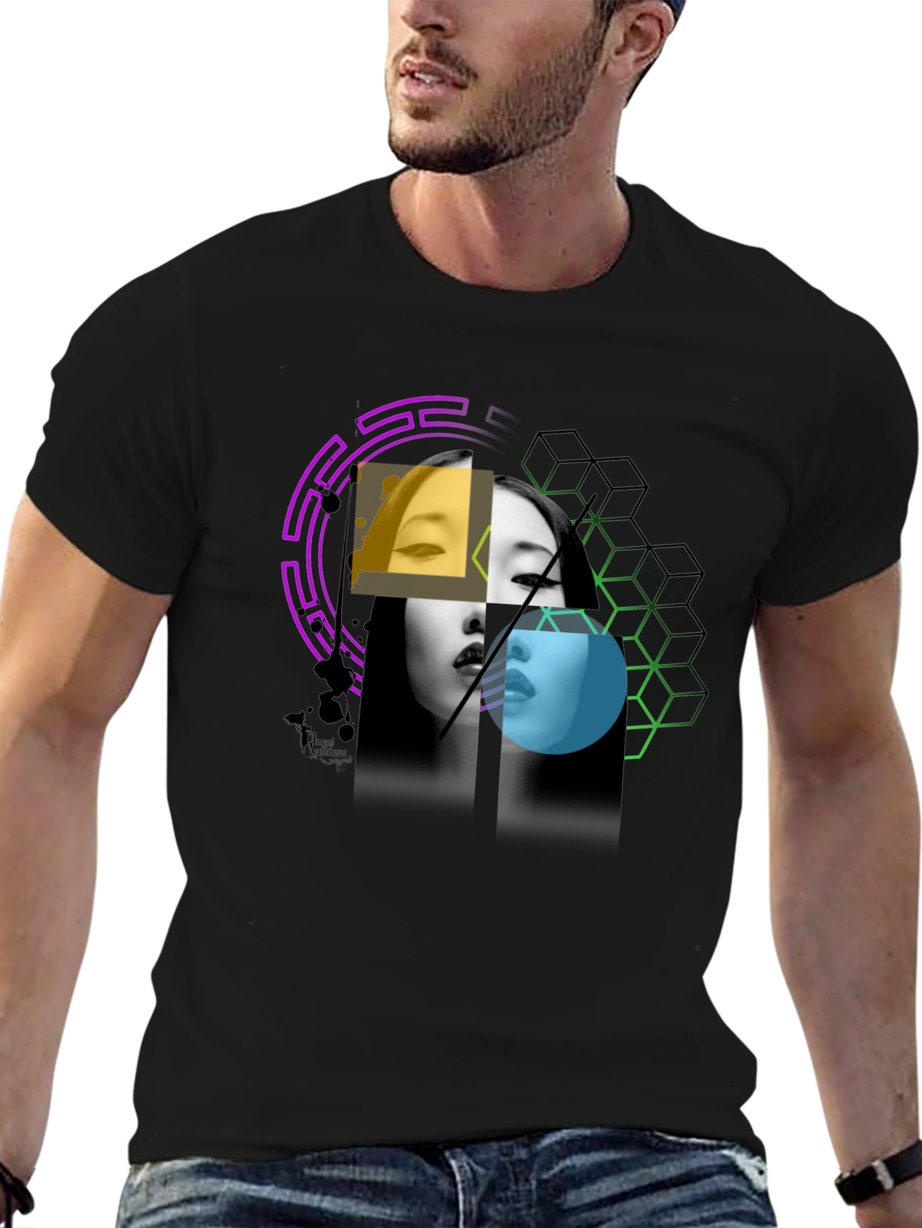 Abstract Woman Portrait Graphic Print Black Tee