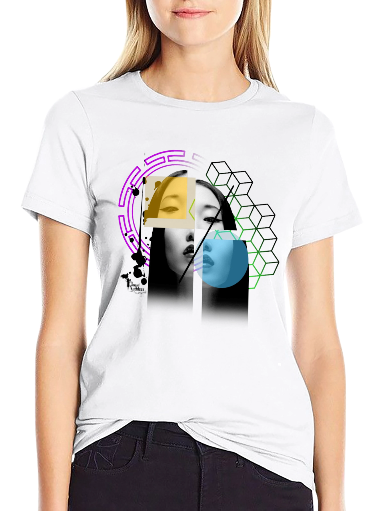 Abstract Woman Portrait Graphic Print Black Tee