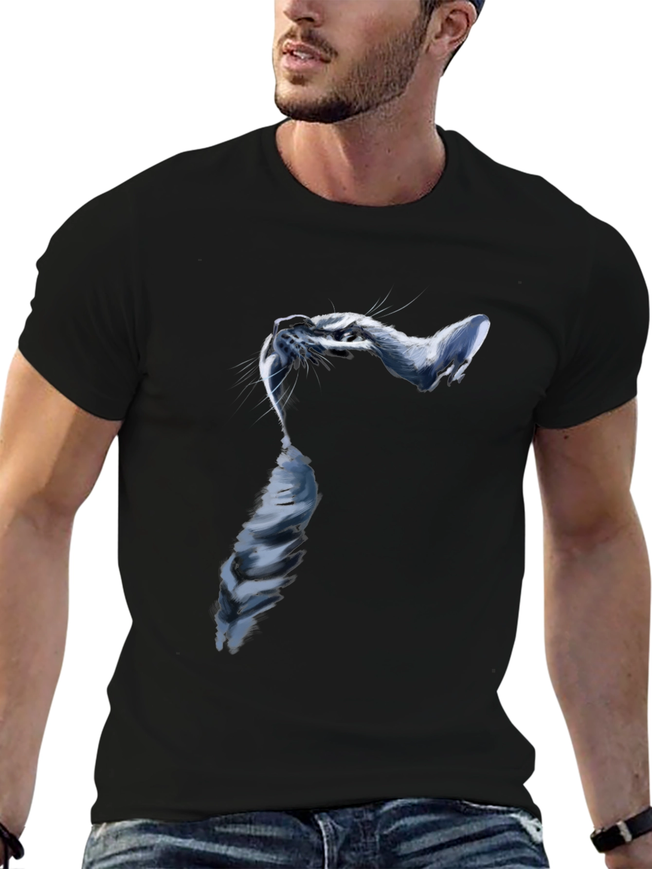 Stylish Cat Graphic Black T-Shirt