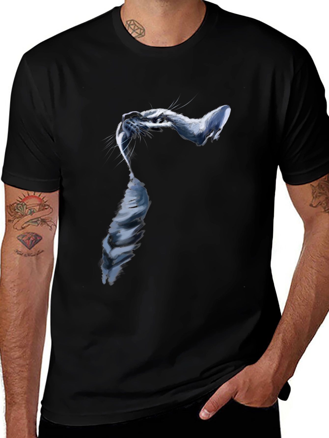 Stylish Cat Graphic Black T-Shirt