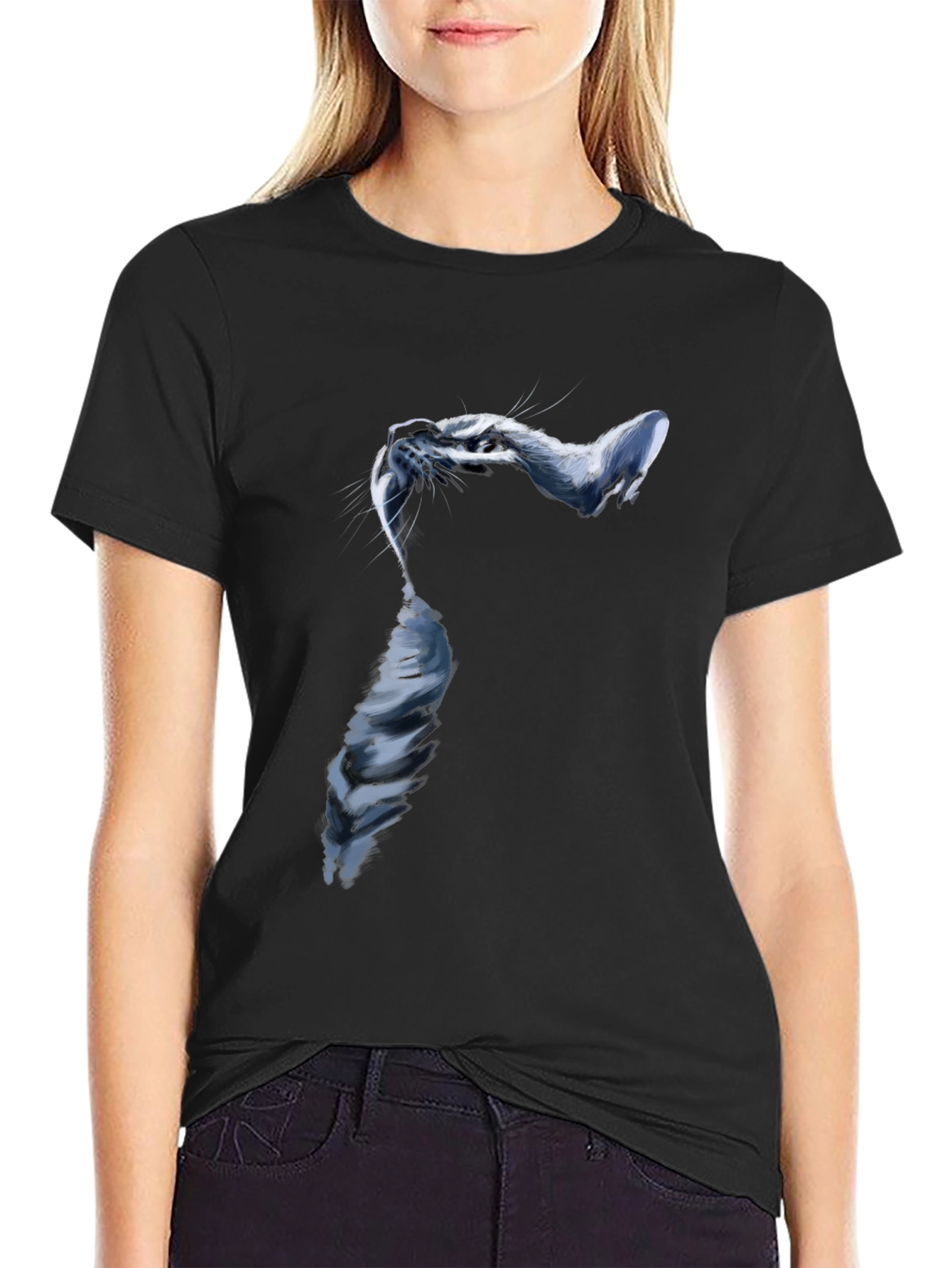 Stylish Cat Graphic Black T-Shirt