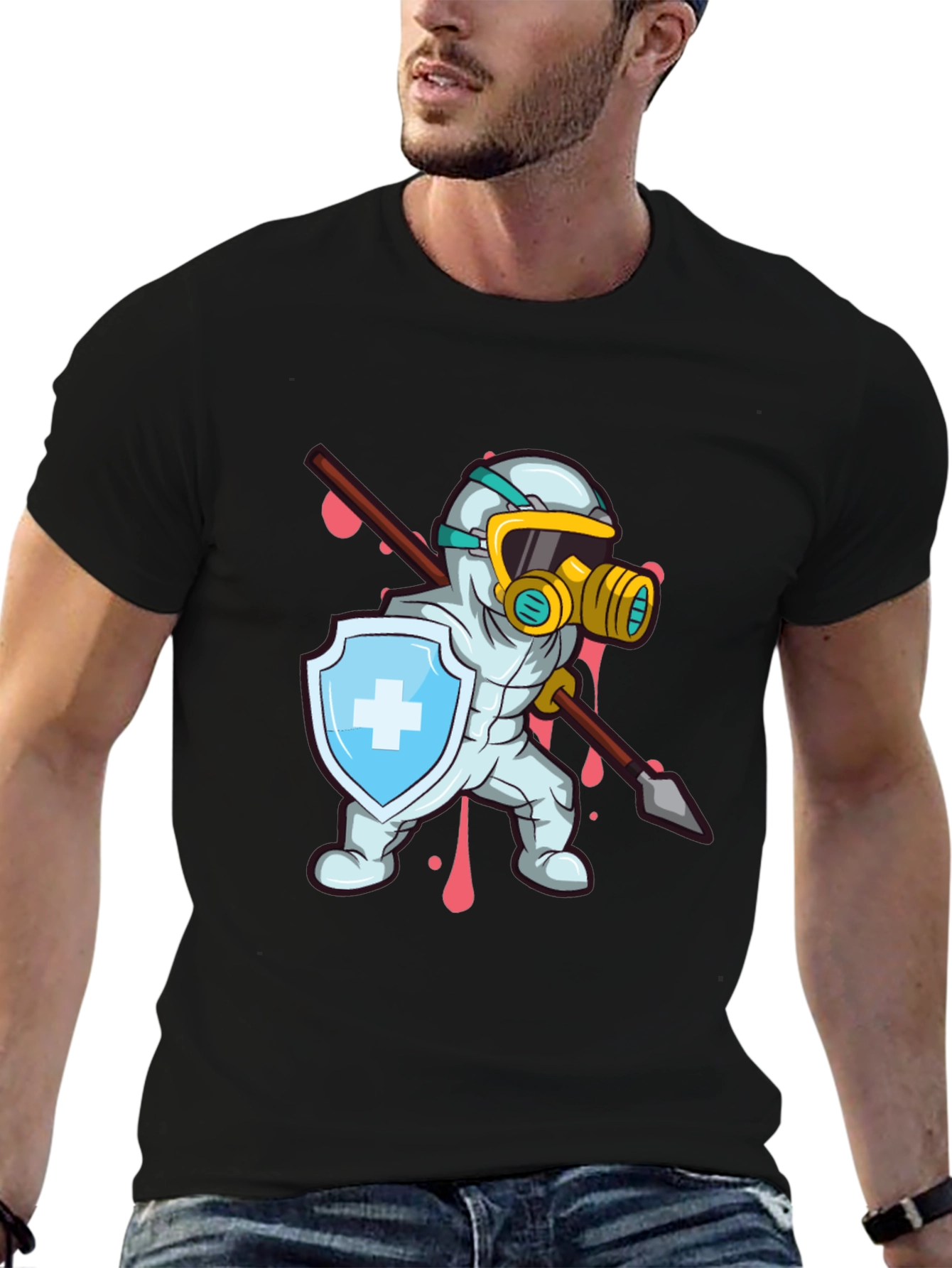 Protective Hero T-Shirt Shield Spear Cartoon Style