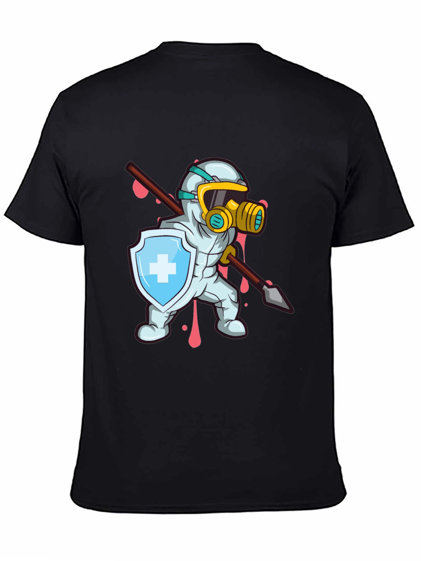 Protective Hero T-Shirt Shield Spear Cartoon Style