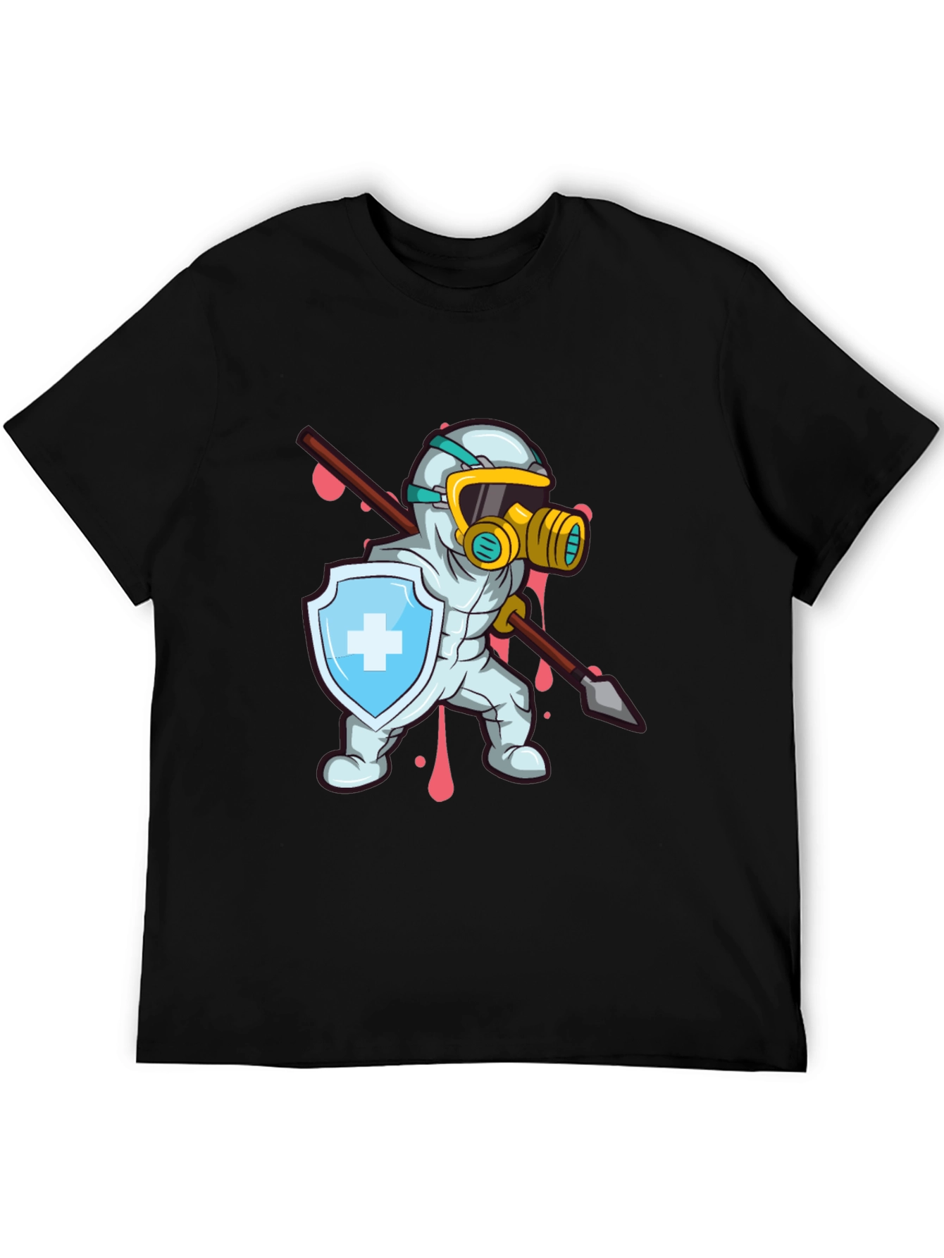 Protective Hero T-Shirt Shield Spear Cartoon Style