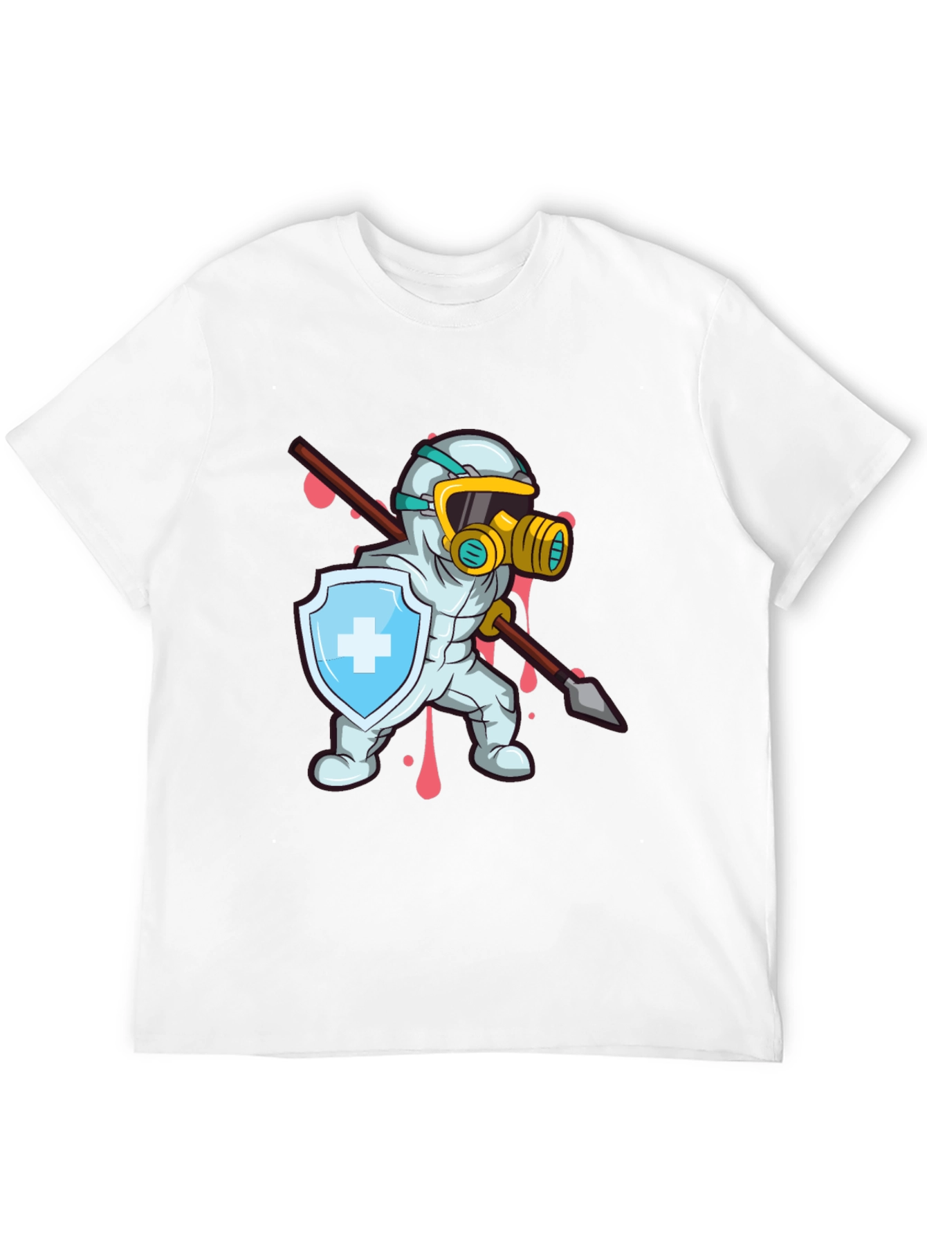 Protective Hero T-Shirt Shield Spear Cartoon Style