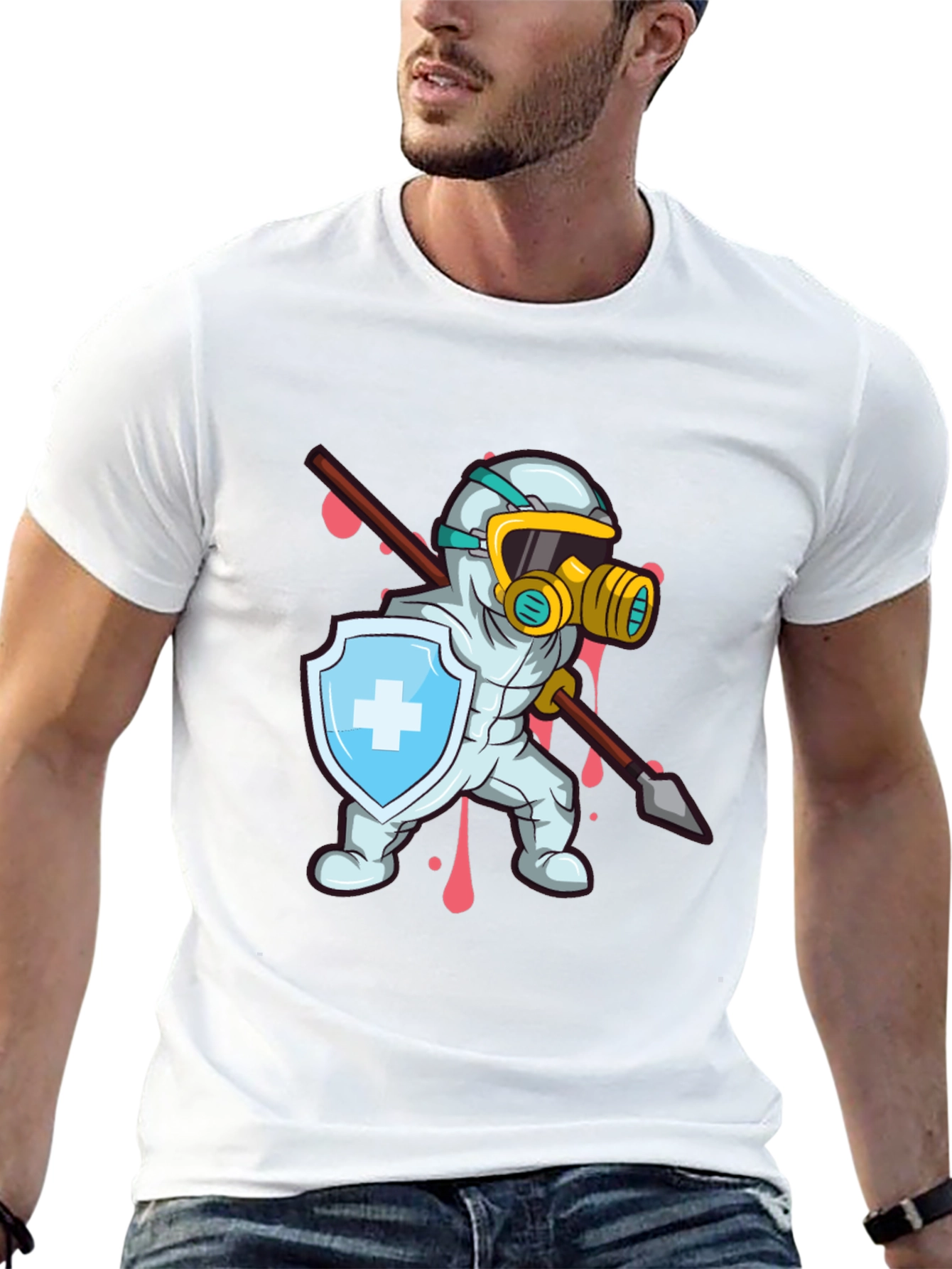 Protective Hero T-Shirt Shield Spear Cartoon Style