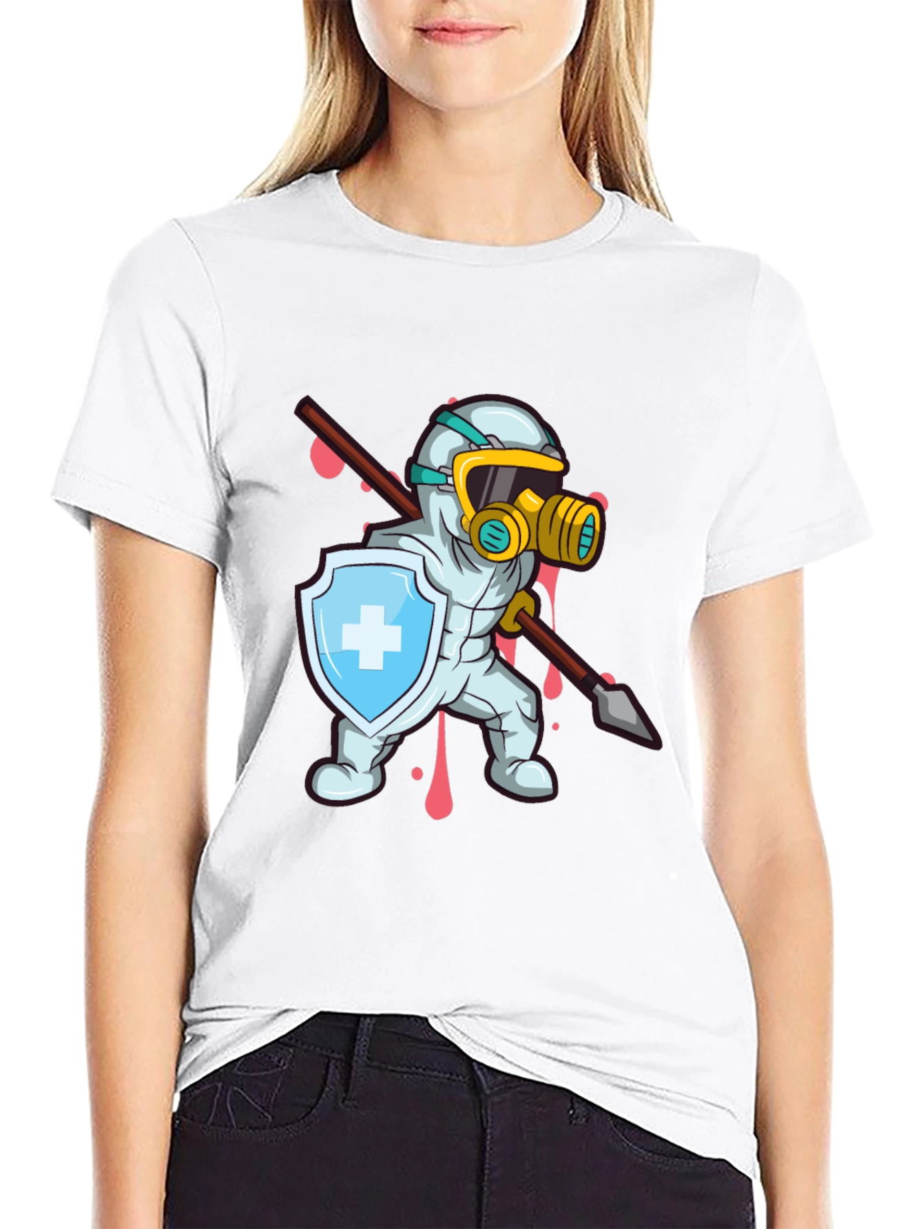 Protective Hero T-Shirt Shield Spear Cartoon Style