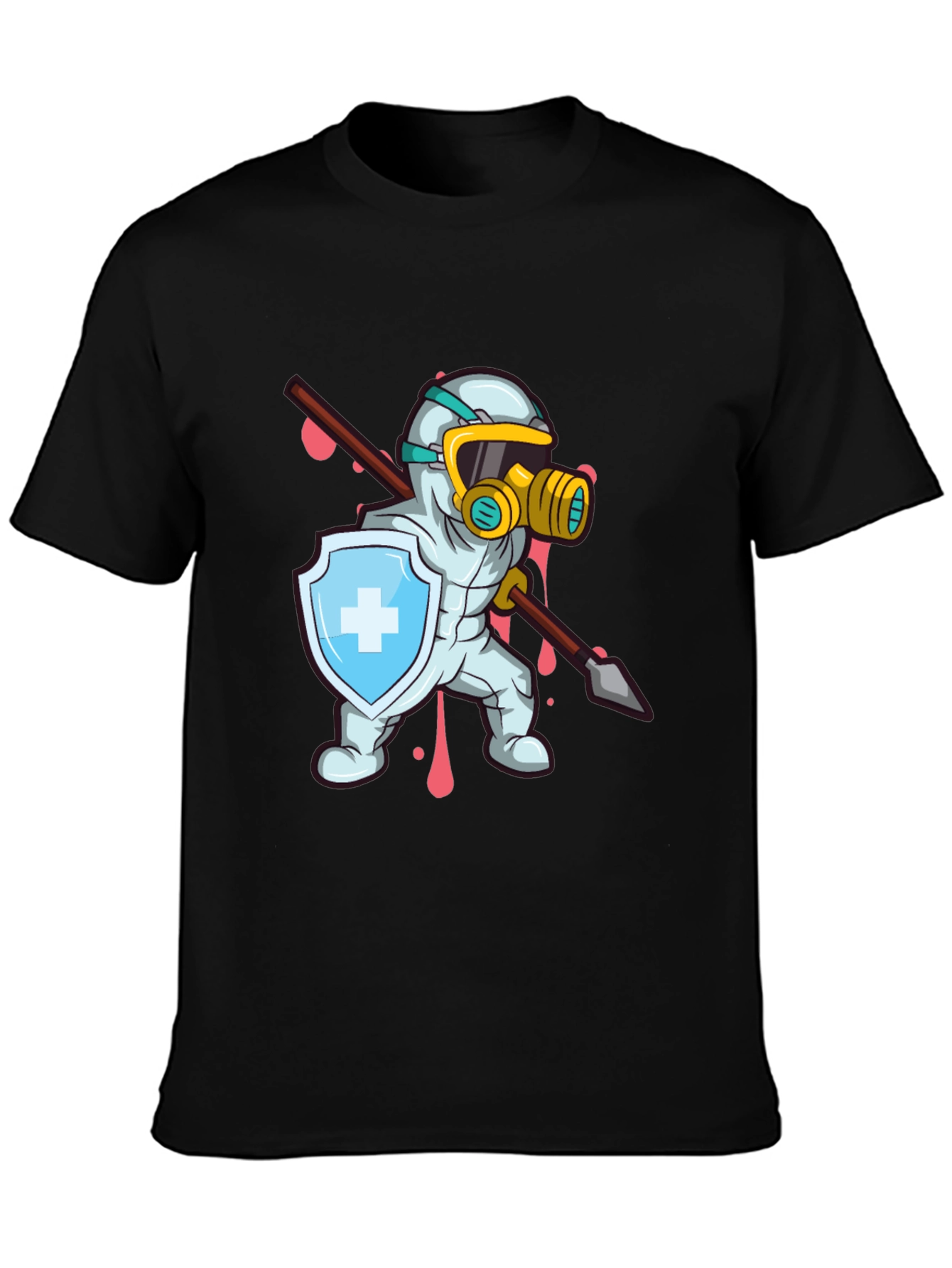 Protective Hero T-Shirt Shield Spear Cartoon Style