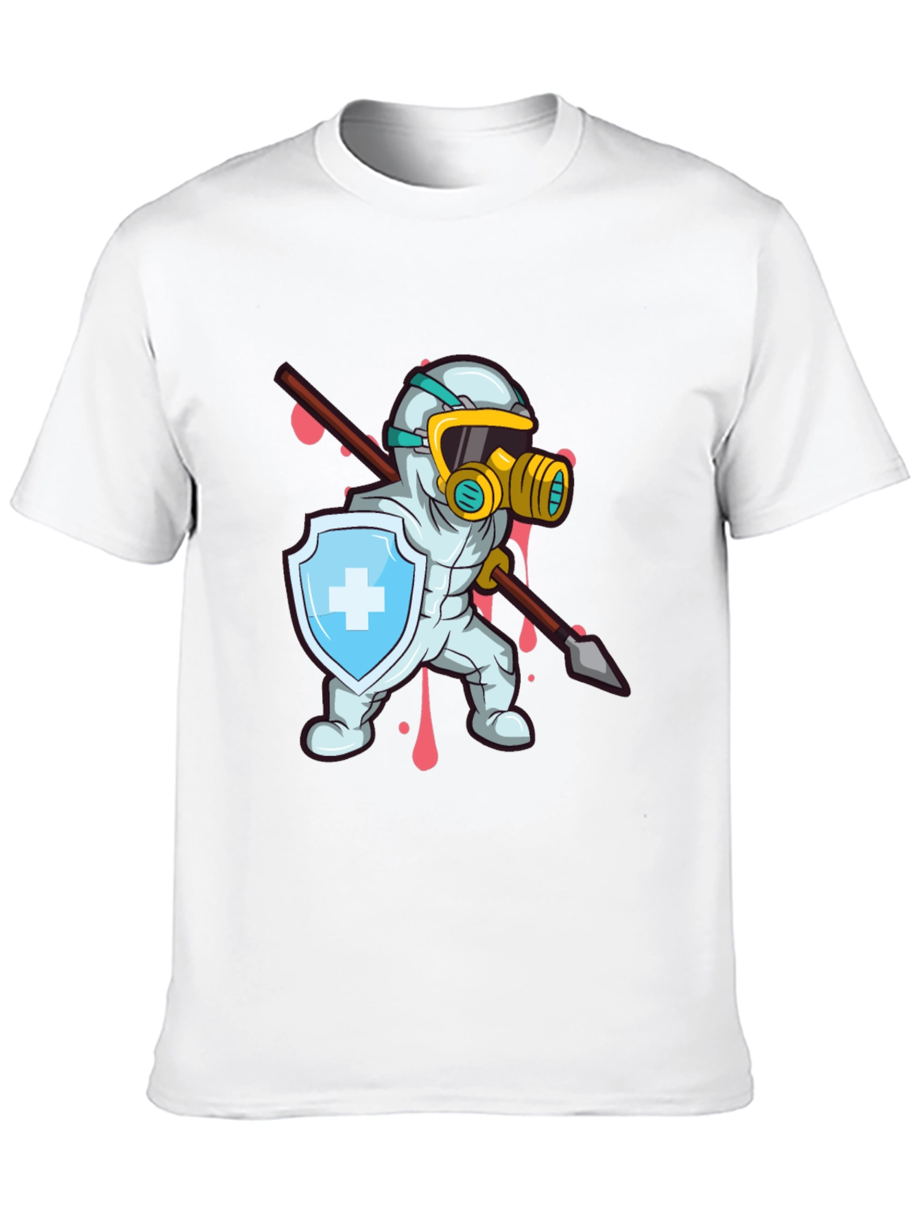 Protective Hero T-Shirt Shield Spear Cartoon Style