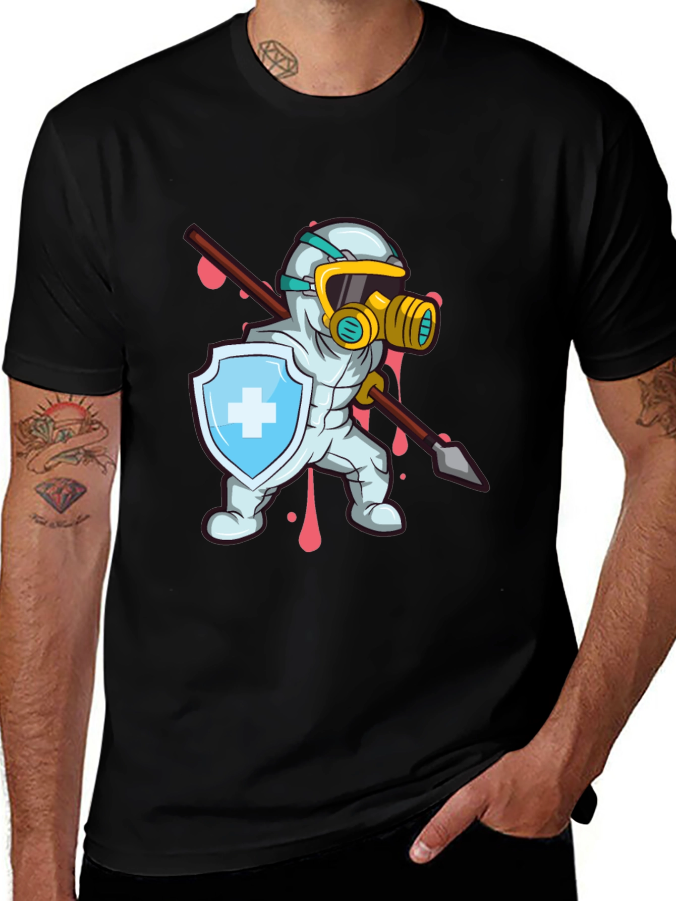 Protective Hero T-Shirt Shield Spear Cartoon Style