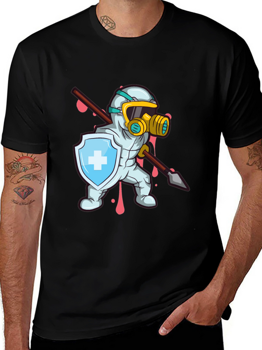Protective Hero T-Shirt Shield Spear Cartoon Style