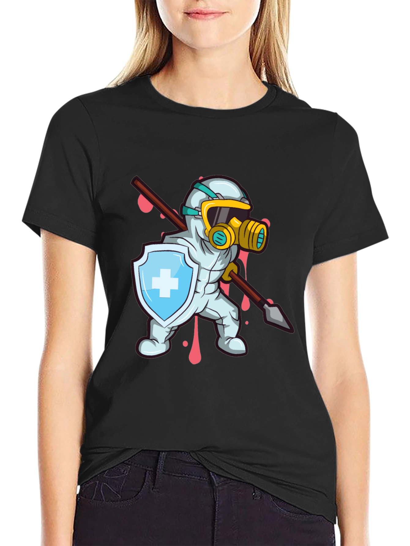 Protective Hero T-Shirt Shield Spear Cartoon Style