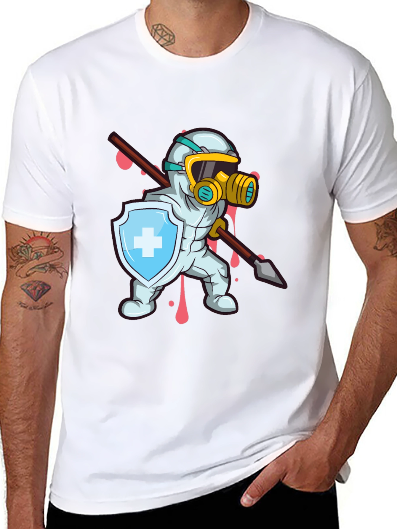Protective Hero T-Shirt Shield Spear Cartoon Style