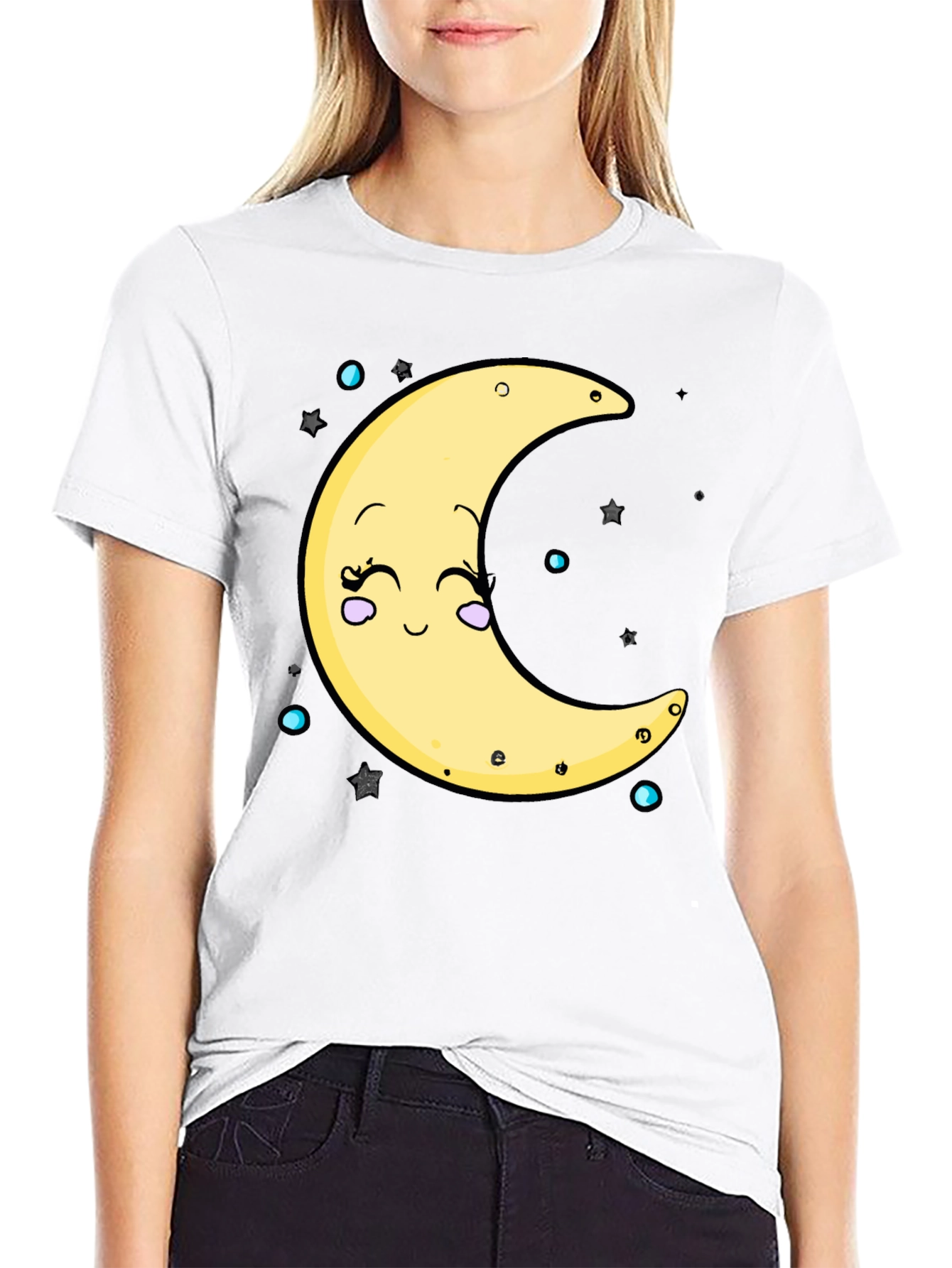 Cute Moon Graphic T-Shirt - Black Cotton Blend