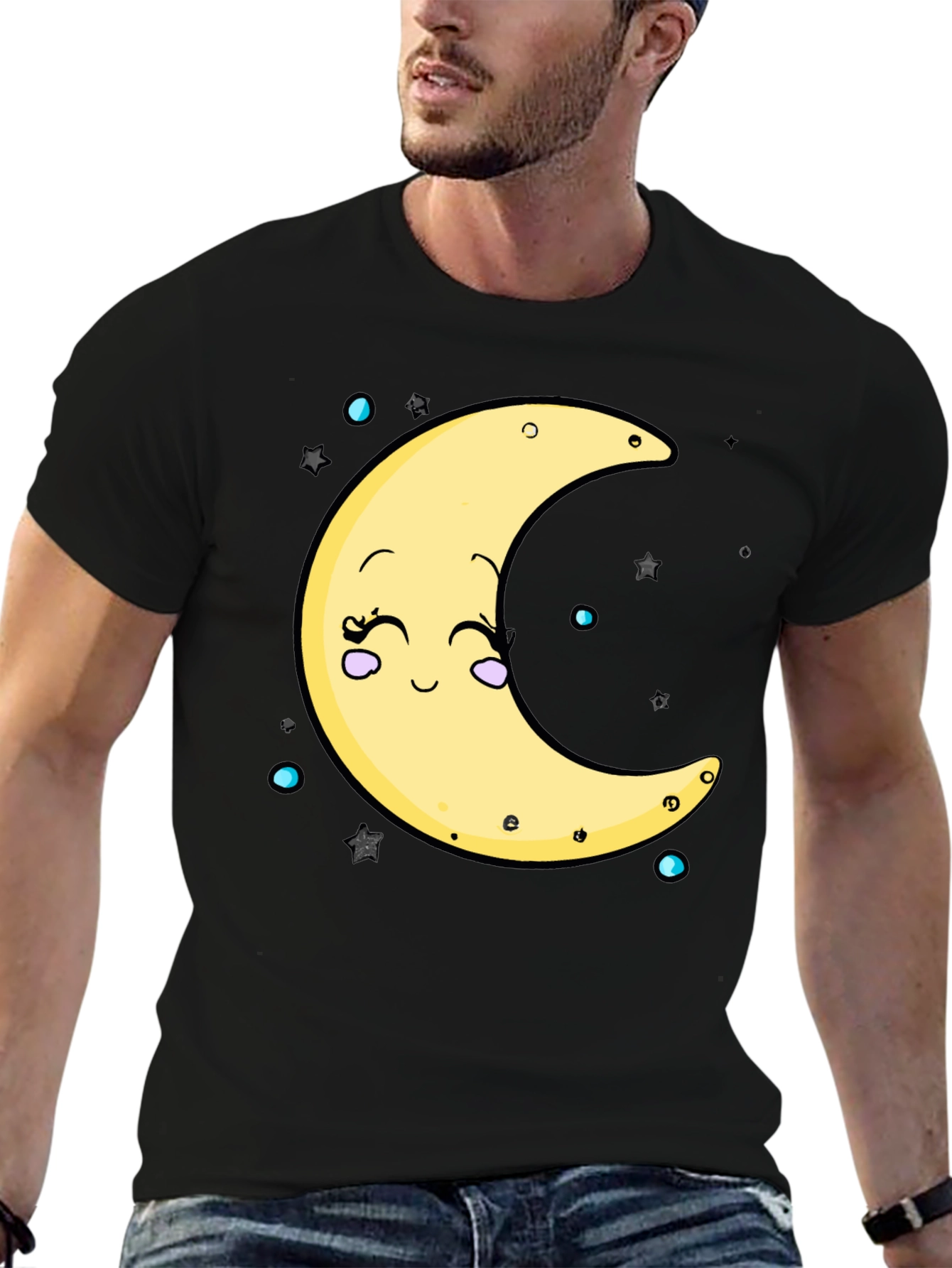 Cute Moon Graphic T-Shirt - Black Cotton Blend