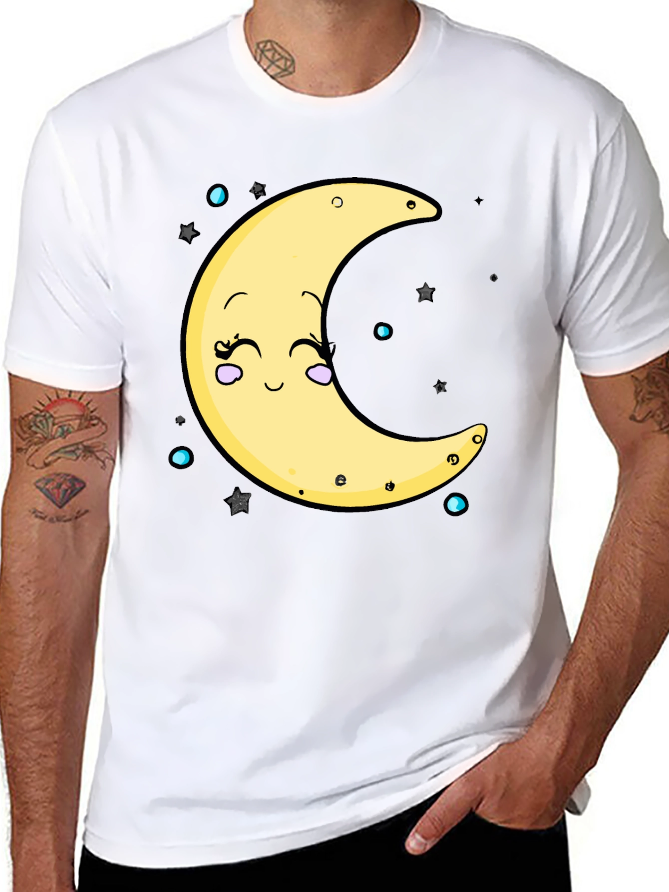 Cute Moon Graphic T-Shirt - Black Cotton Blend