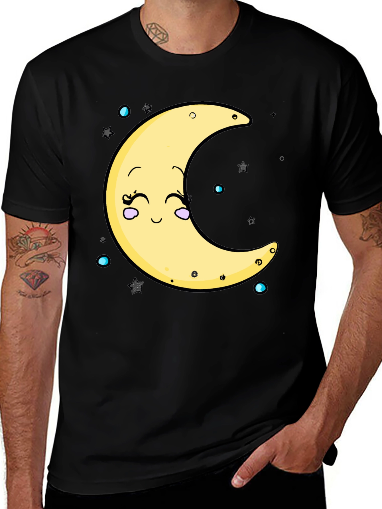 Cute Moon Graphic T-Shirt - Black Cotton Blend