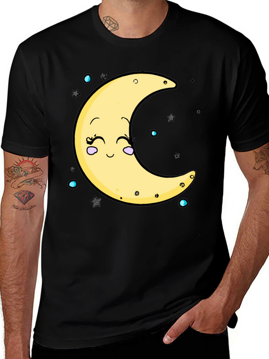 Cute Moon Graphic T-Shirt - Black Cotton Blend