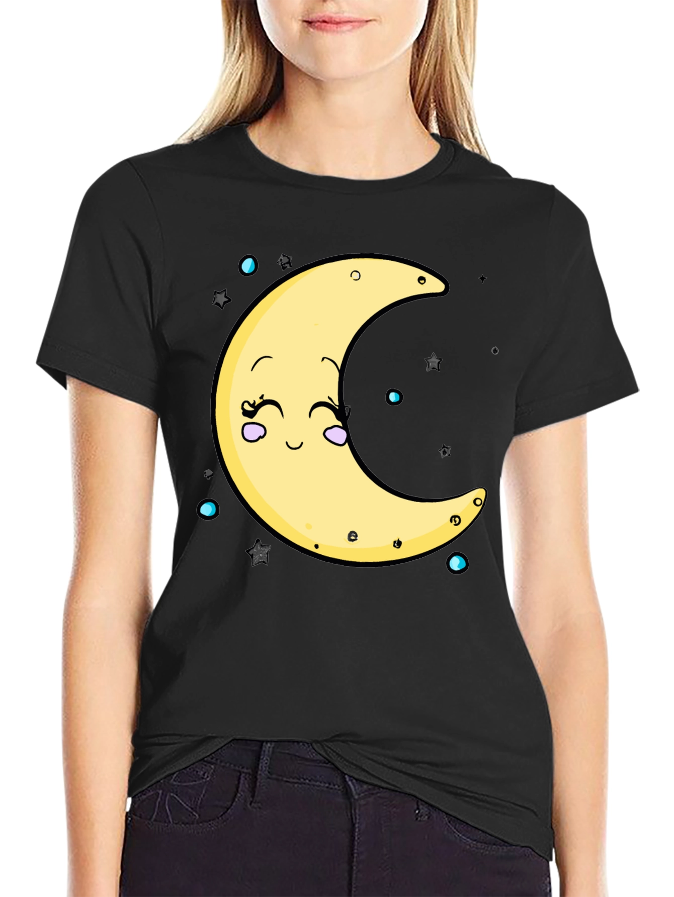 Cute Moon Graphic T-Shirt - Black Cotton Blend