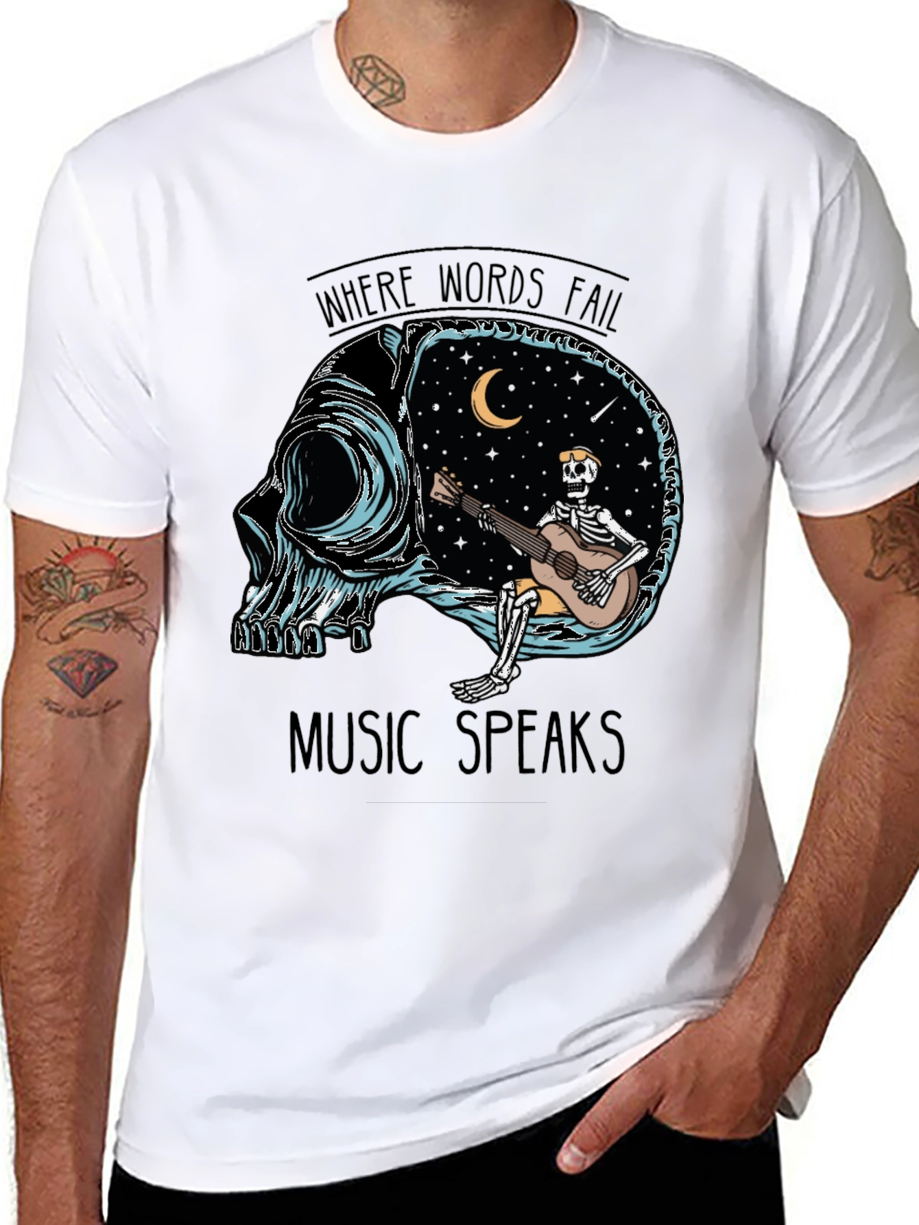 Music Speaks T-Shirt - Skull Guitar Skeleton