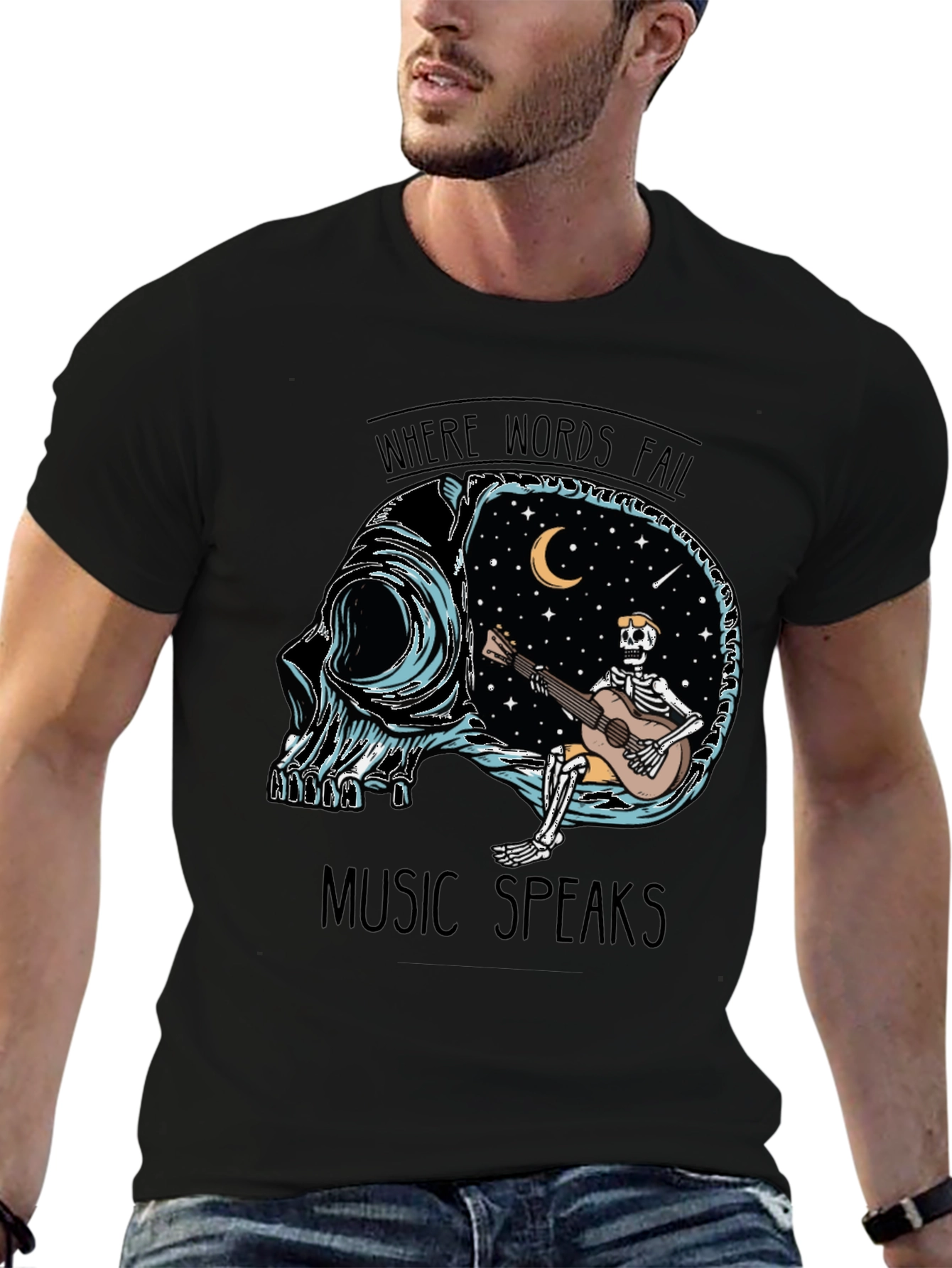 Music Speaks T-Shirt - Skull Guitar Skeleton