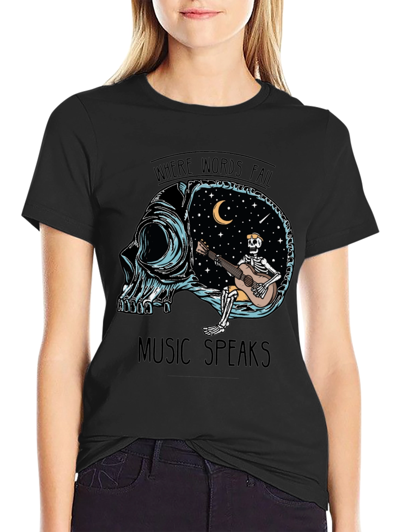 Music Speaks T-Shirt - Skull Guitar Skeleton