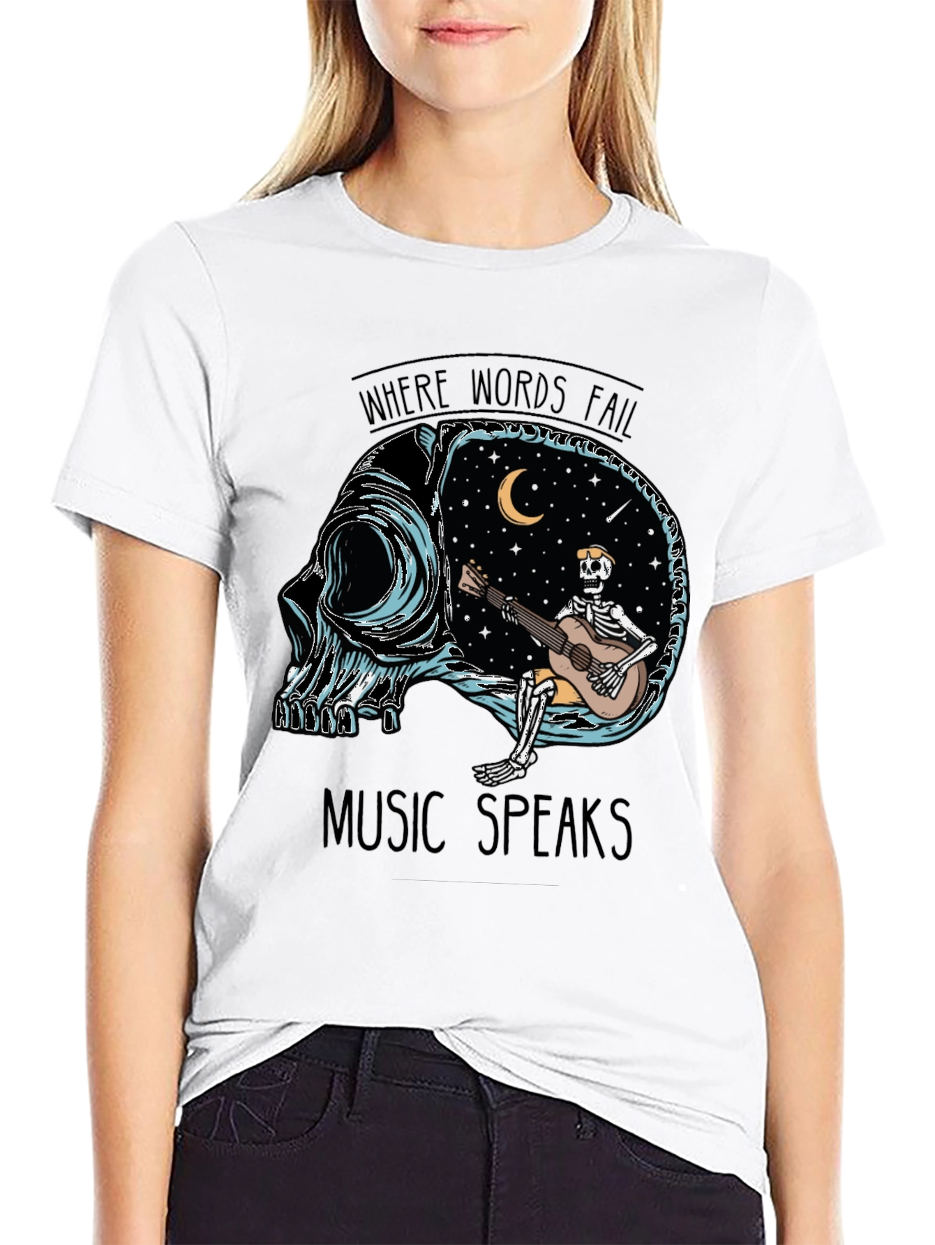 Music Speaks T-Shirt - Skull Guitar Skeleton