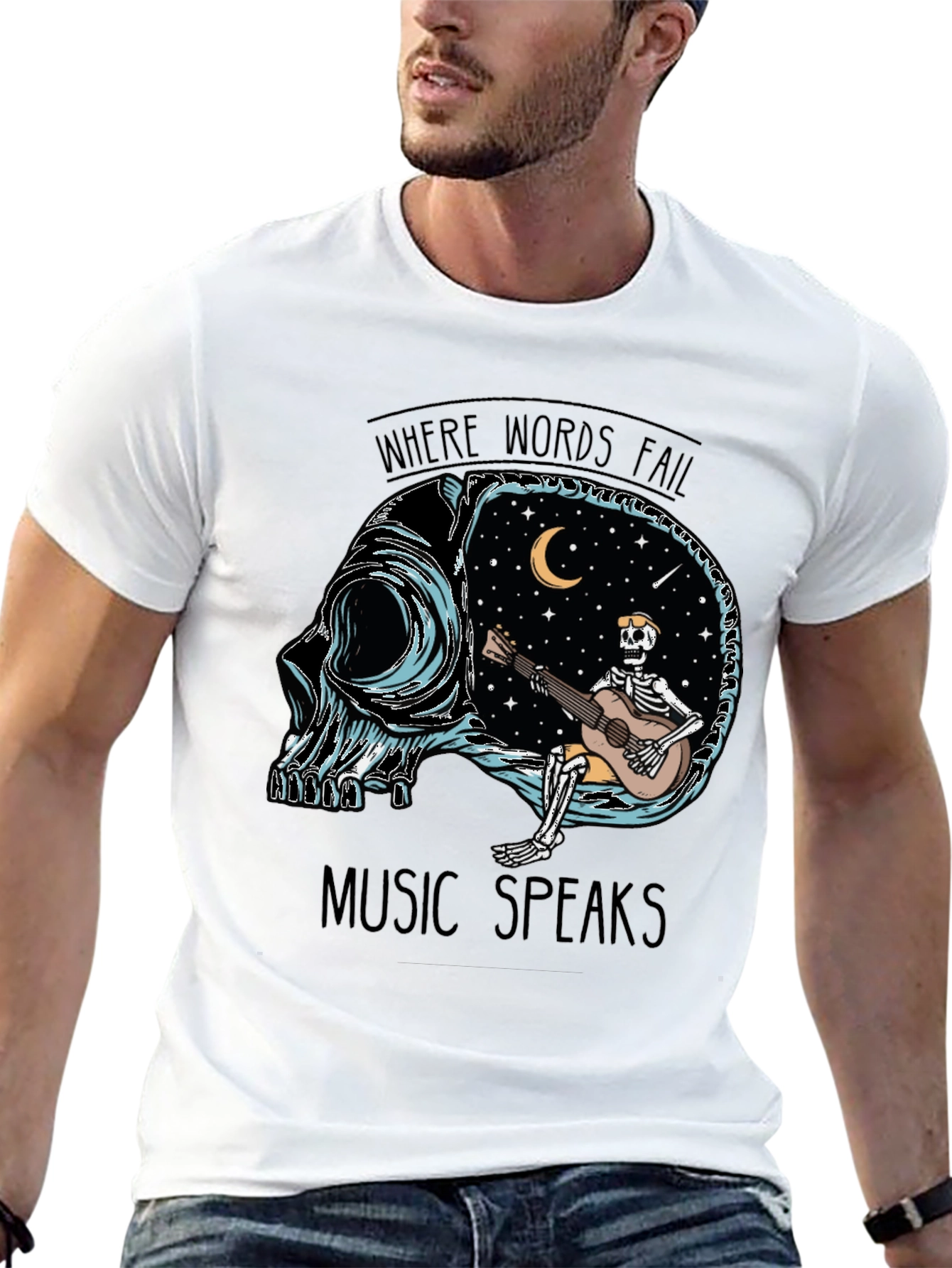 Music Speaks T-Shirt - Skull Guitar Skeleton