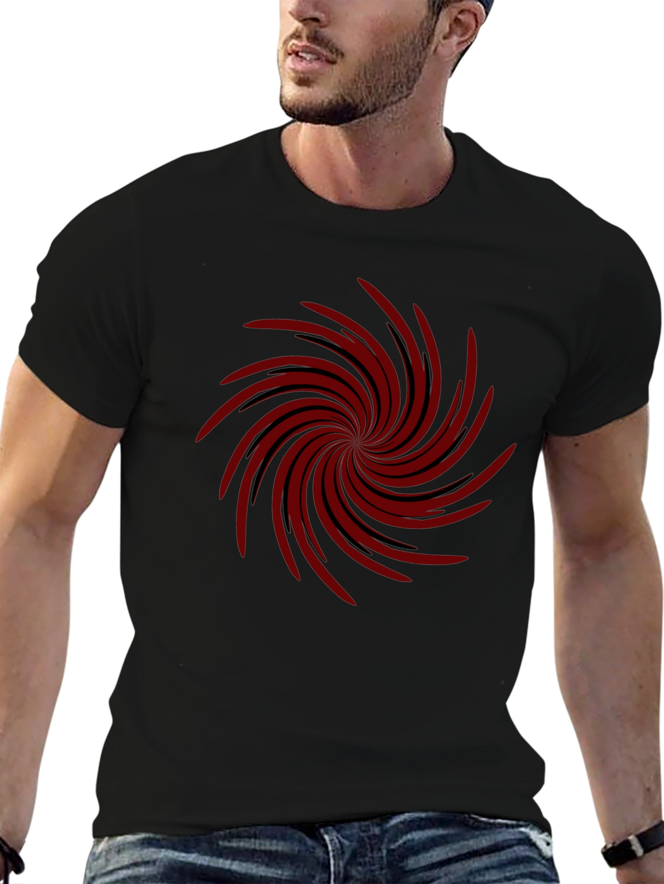 Mens Black T-shirt with Red Spiral Design
