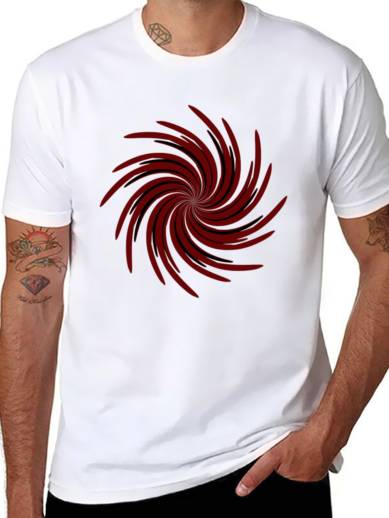 Mens Black T-shirt with Red Spiral Design