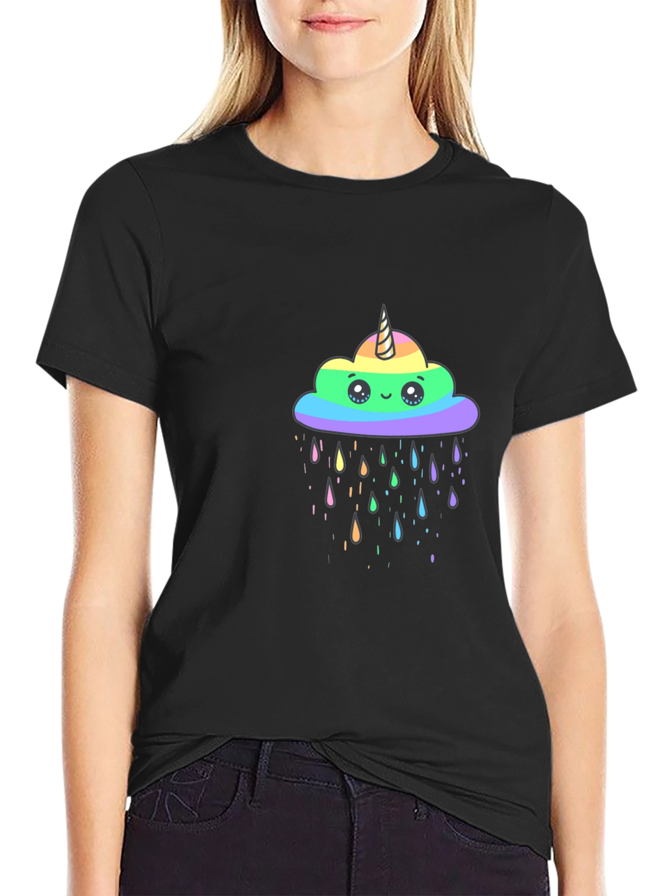 Rainbow Unicorn Cloud Black T-Shirt
