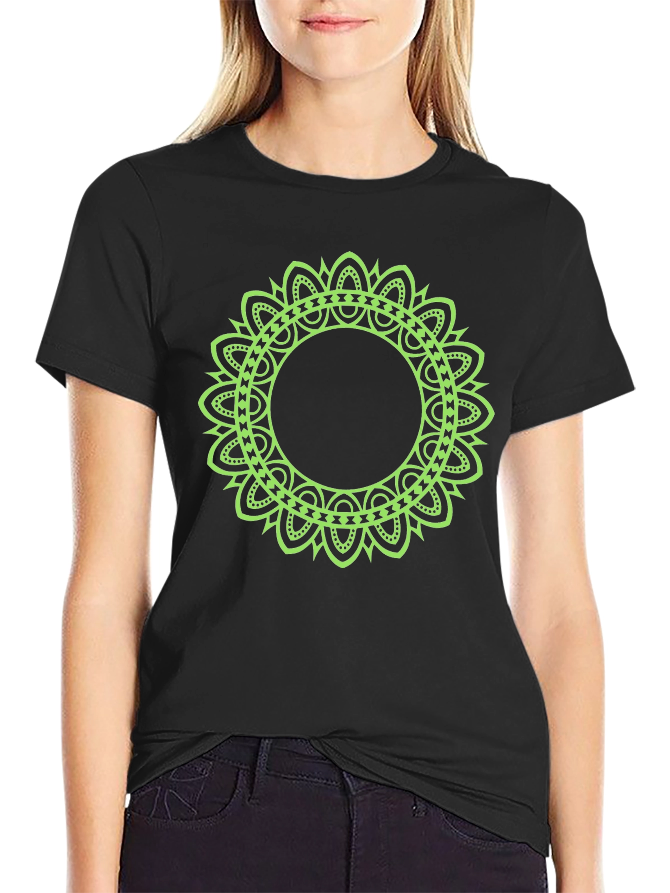 Mens Black T-Shirt with Green Mandala Design
