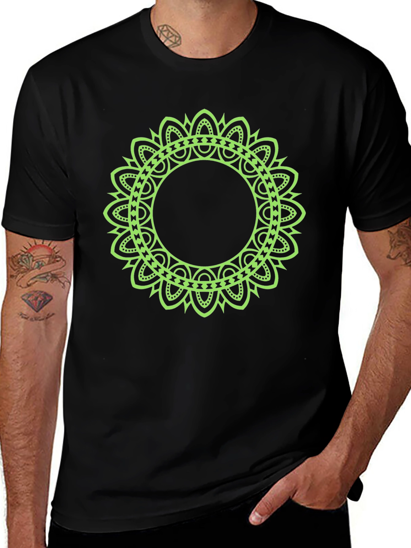 Mens Black T-Shirt with Green Mandala Design
