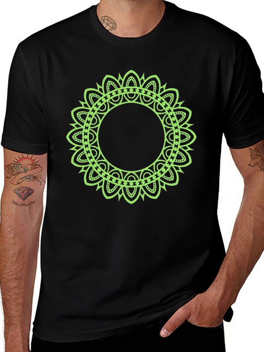 Mens Black T-Shirt with Green Mandala Design
